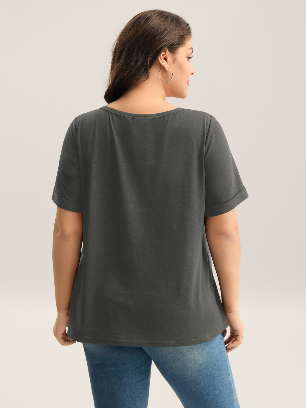 Solid Split Neck Button Detail T-Shirt
