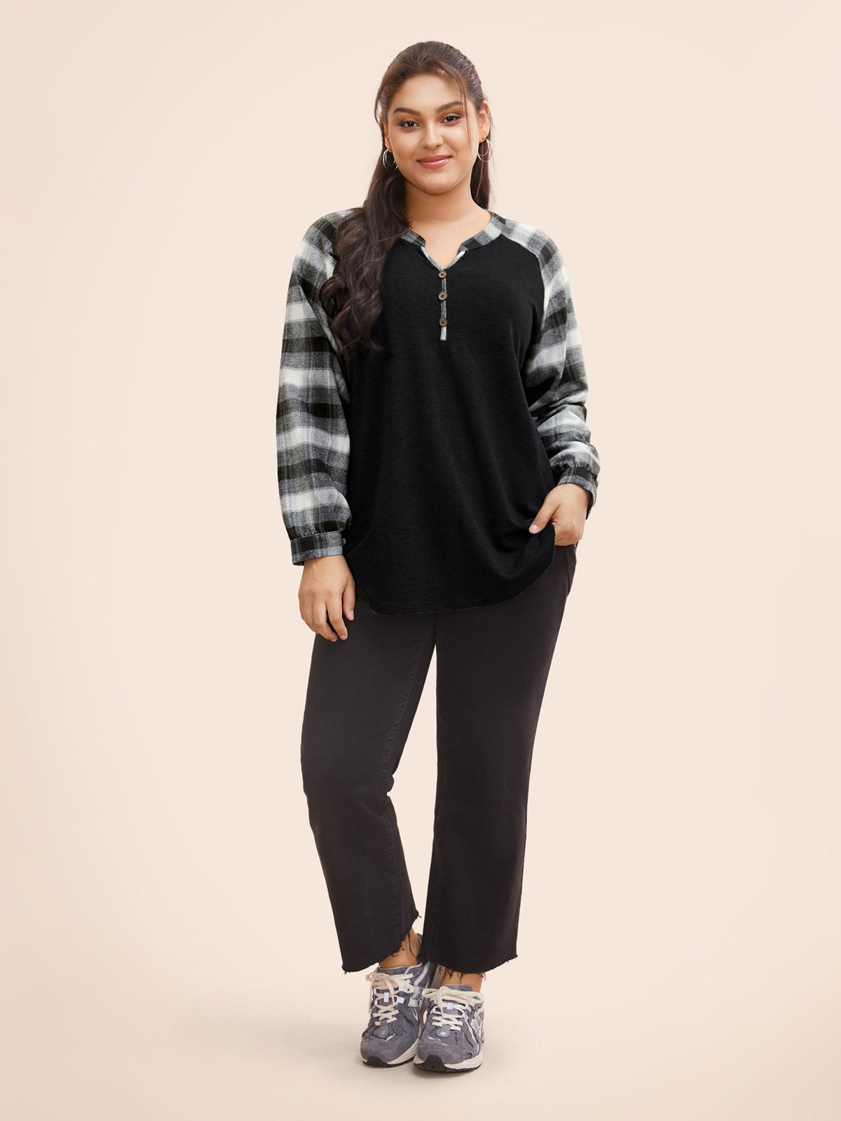 Plaid Patchwork Notched Button Detail Sweatshirt