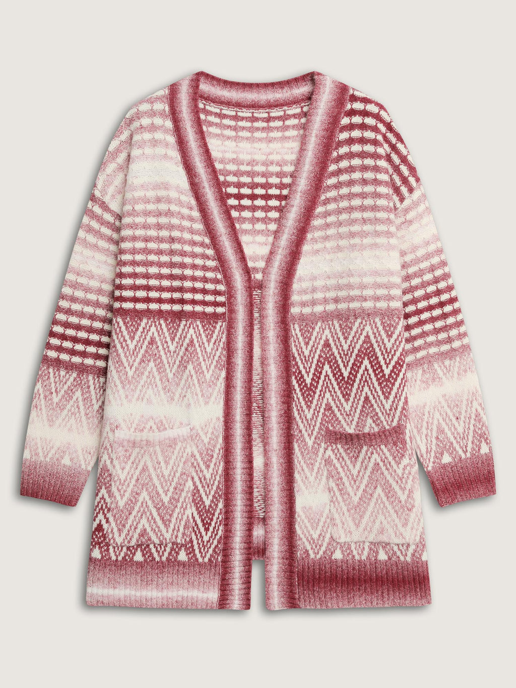 Geometric Pattern Pockets Open-Front Knit Cardigan