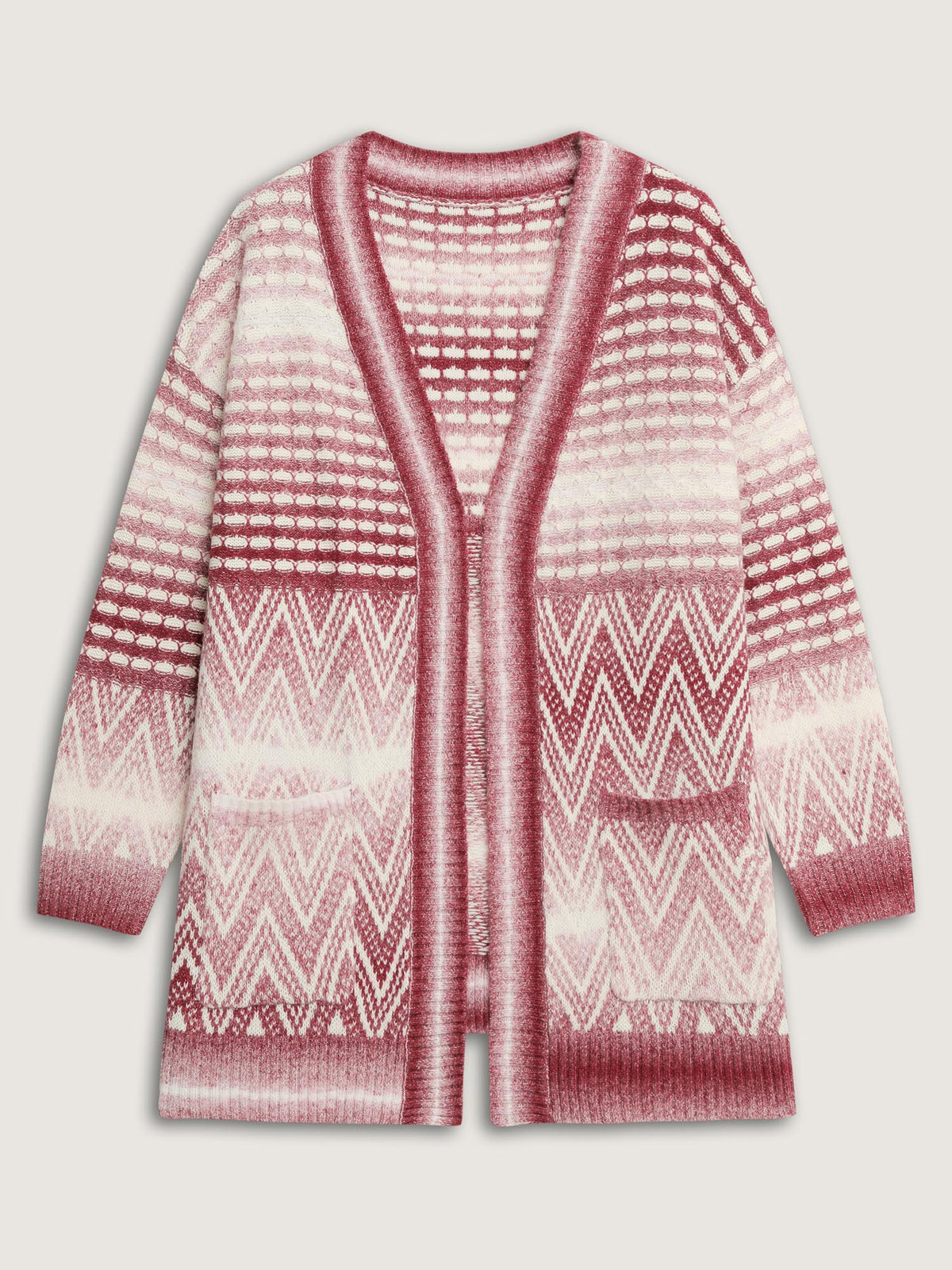 Geometric Pattern Pockets Open-Front Knit Cardigan