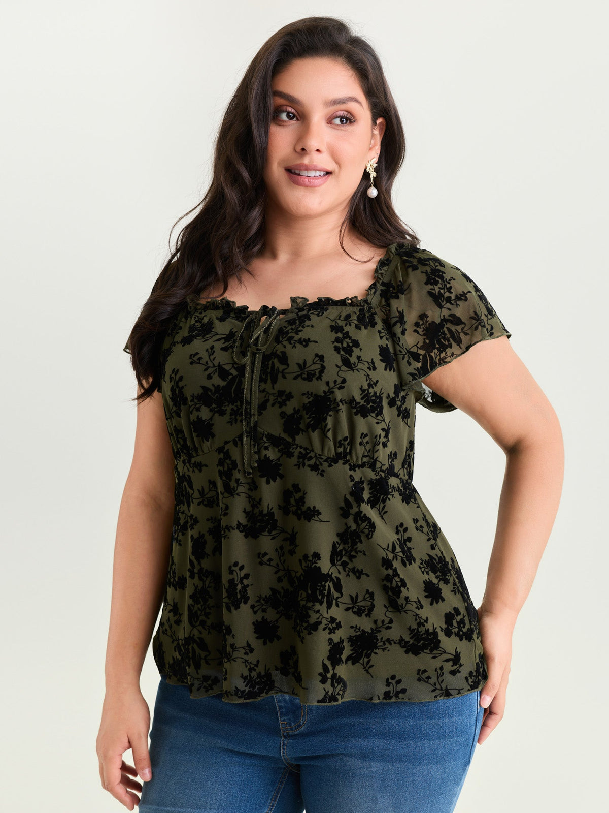 Flocked Floral Drawstring Neckline Knit Top