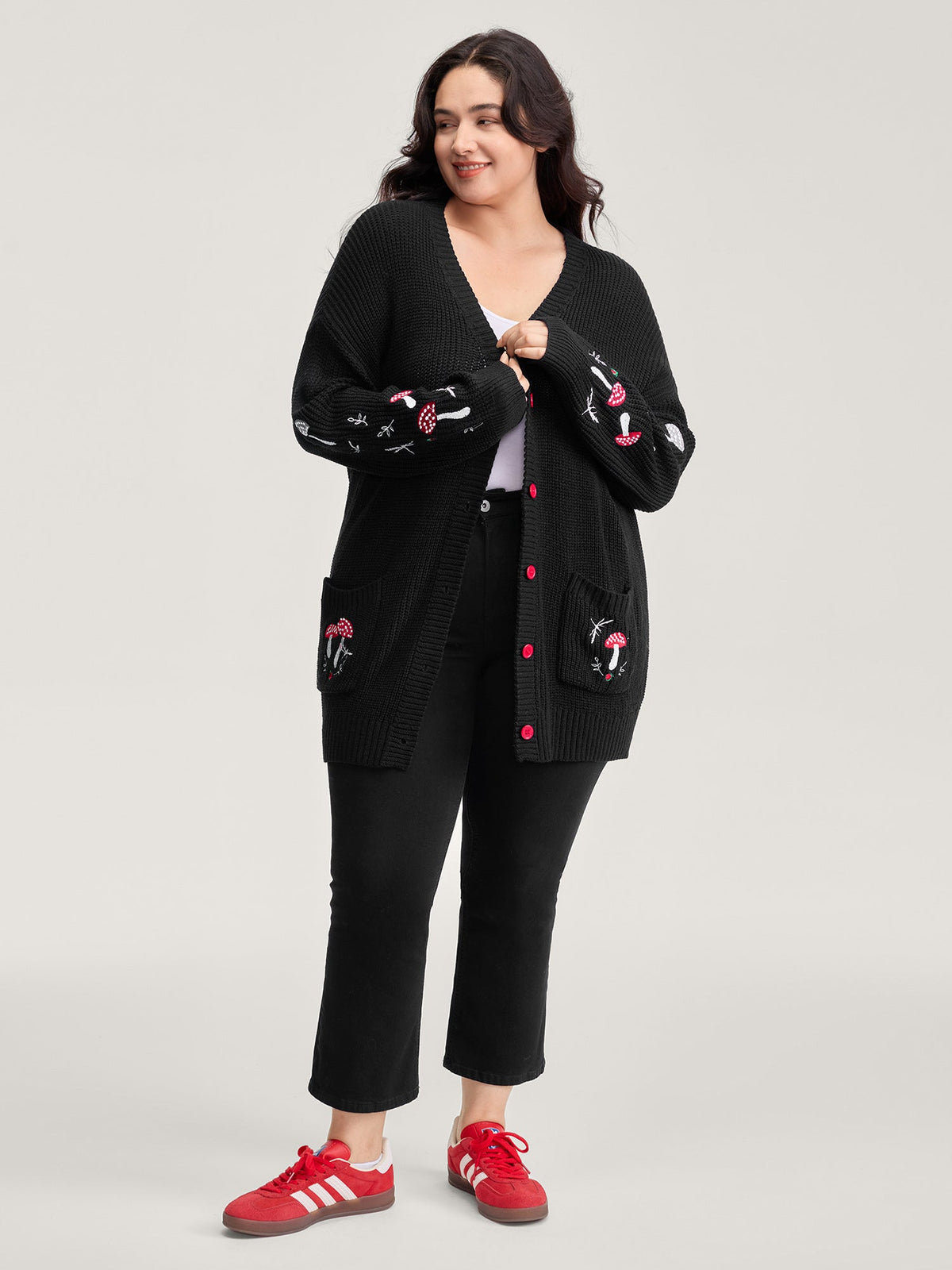 Mushroom Embroidery Textured Button Cardigan