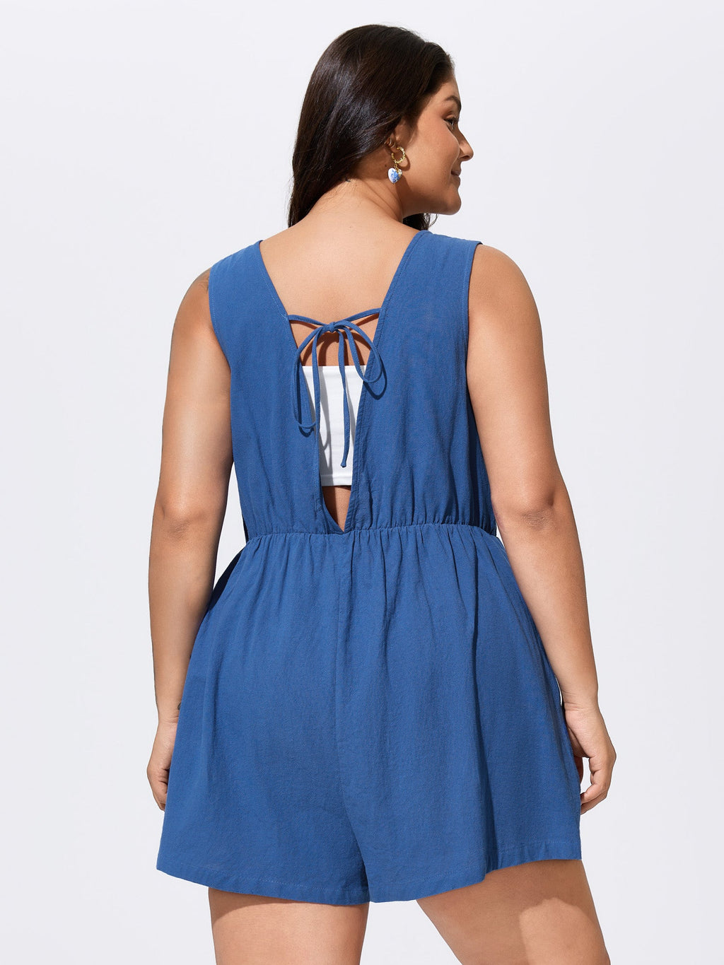 Cotton Pleated Open Back-Ties Plain Romper