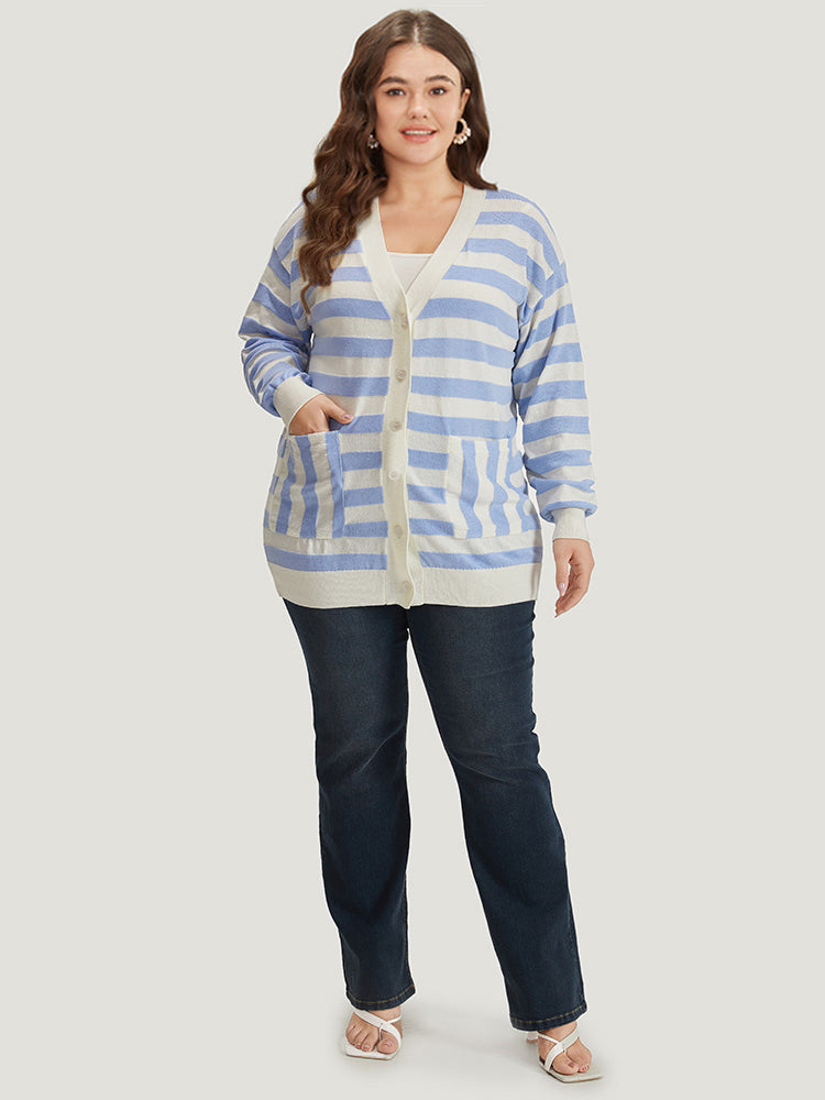 Striped Button Down Patched Pocket Cardigan