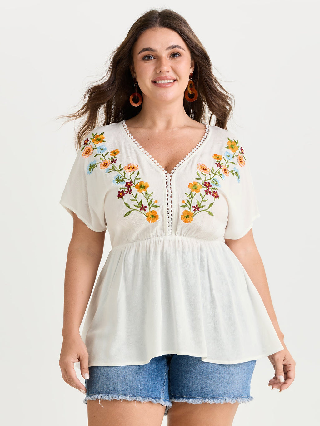 Floral Embroidered Neckline Flowy Blouse
