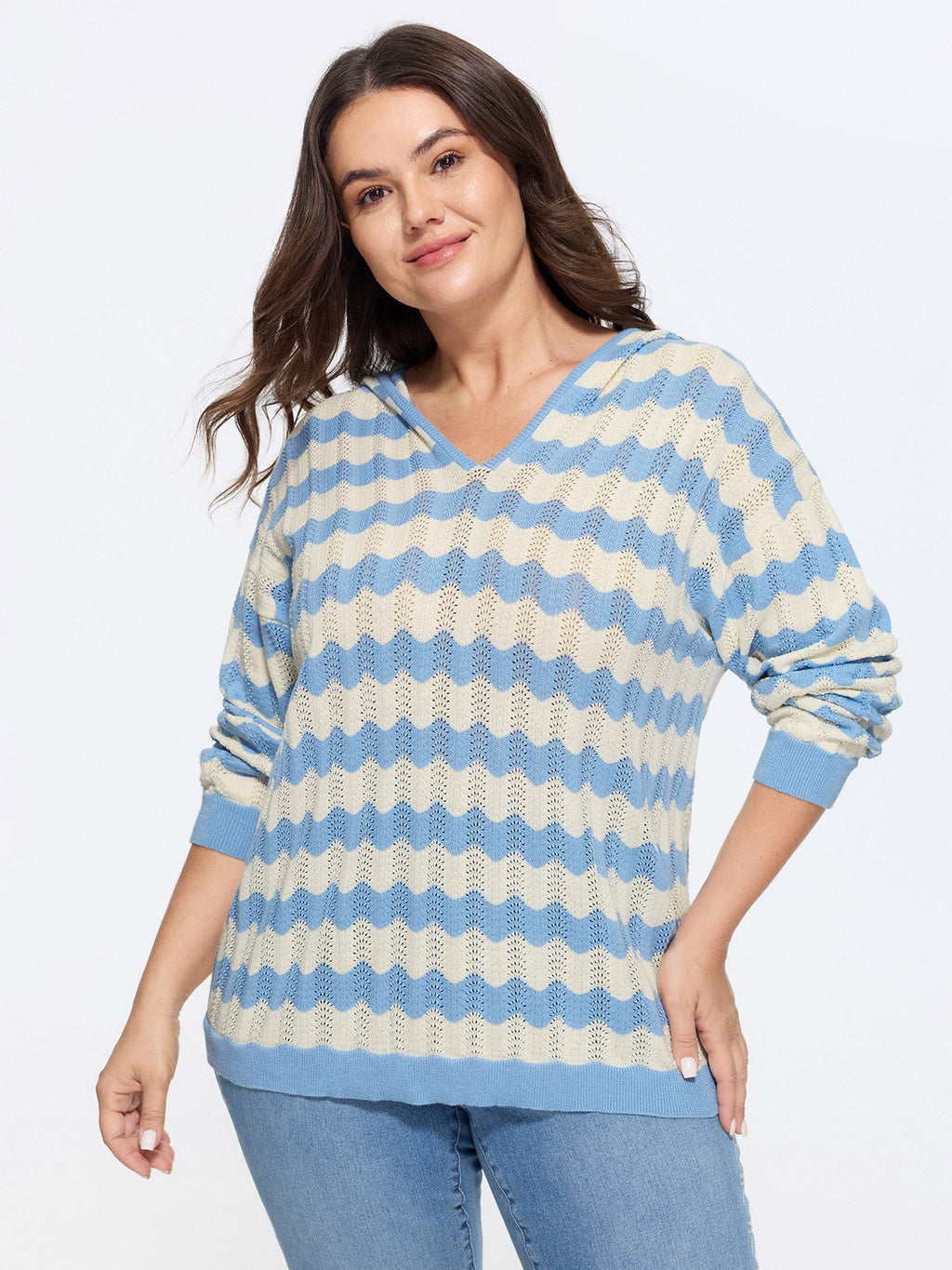 Wavy Stripe Hollow Hooded Pullover