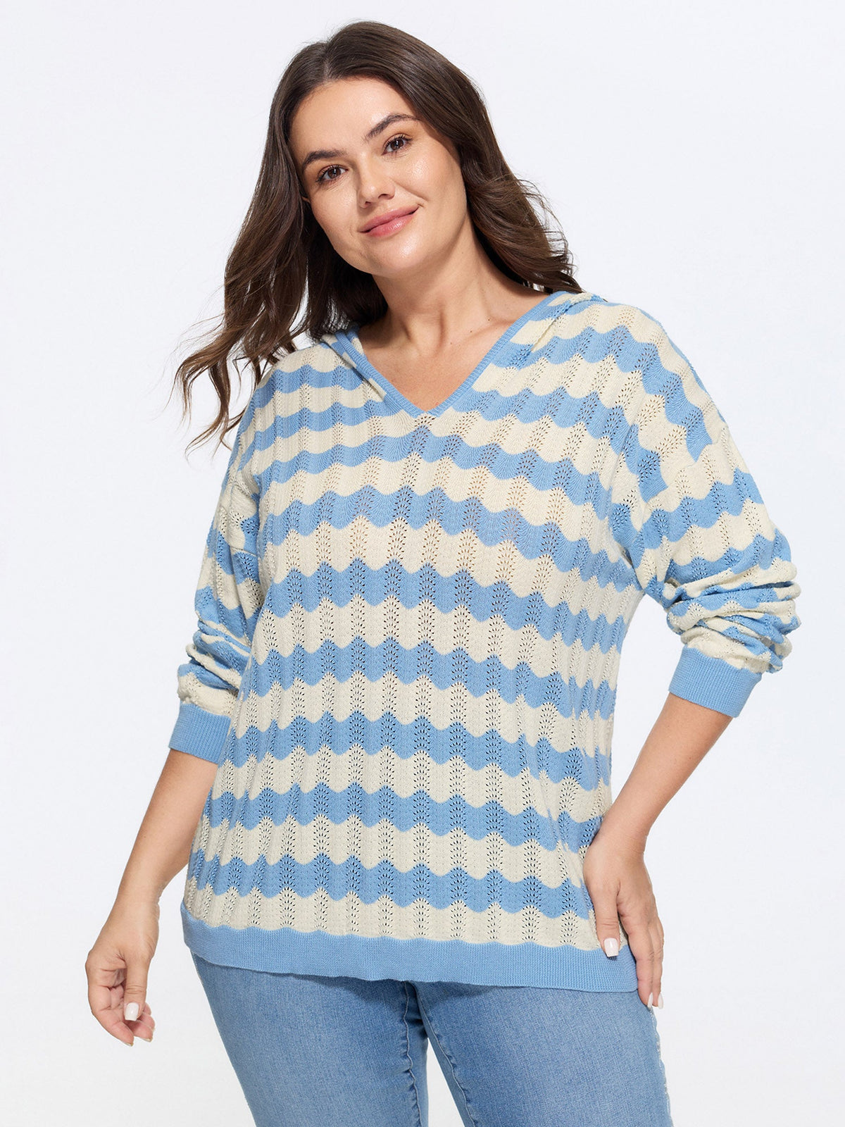 Wavy Stripe Hollow Hooded Pullover