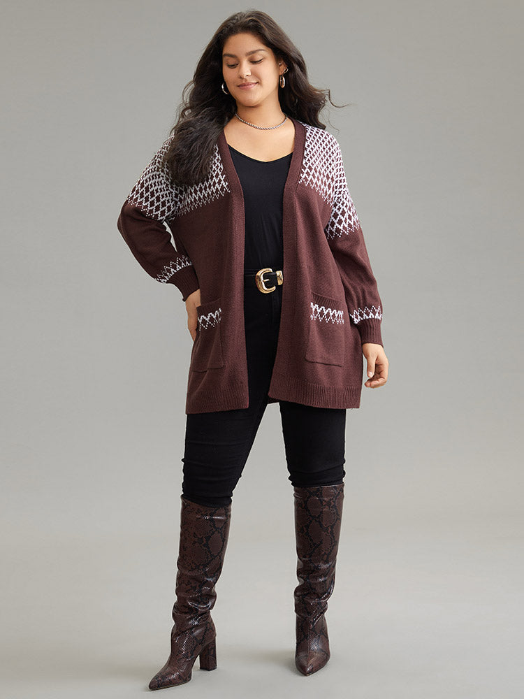 Geometric Contrast Patched Pocket Jacquard Cardigan