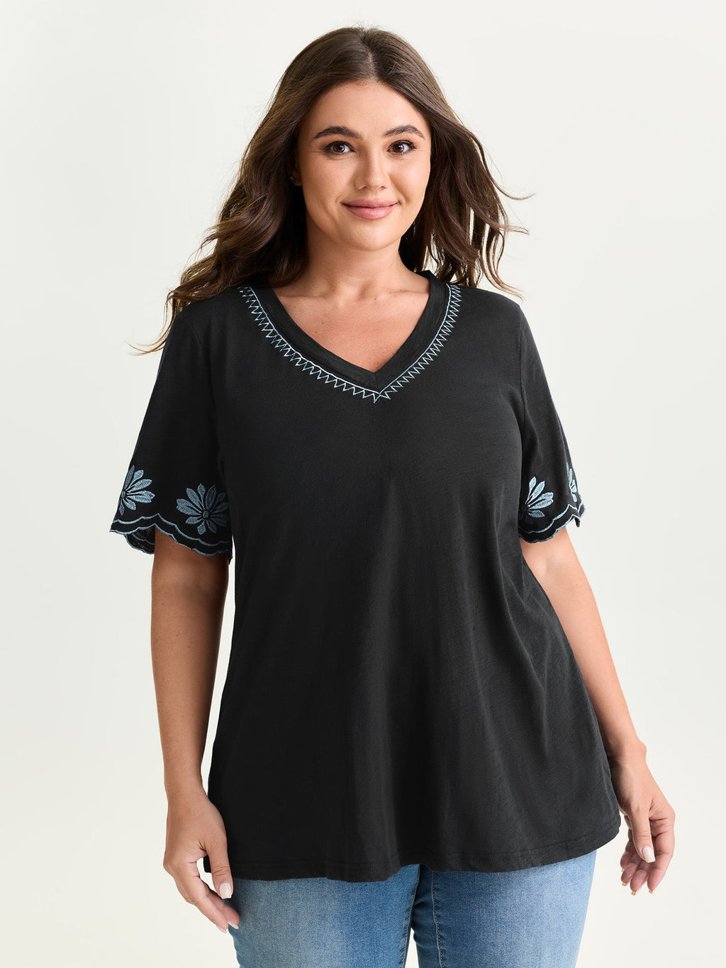 Cotton Stretchy V-Neck Floral Print T-Shirt