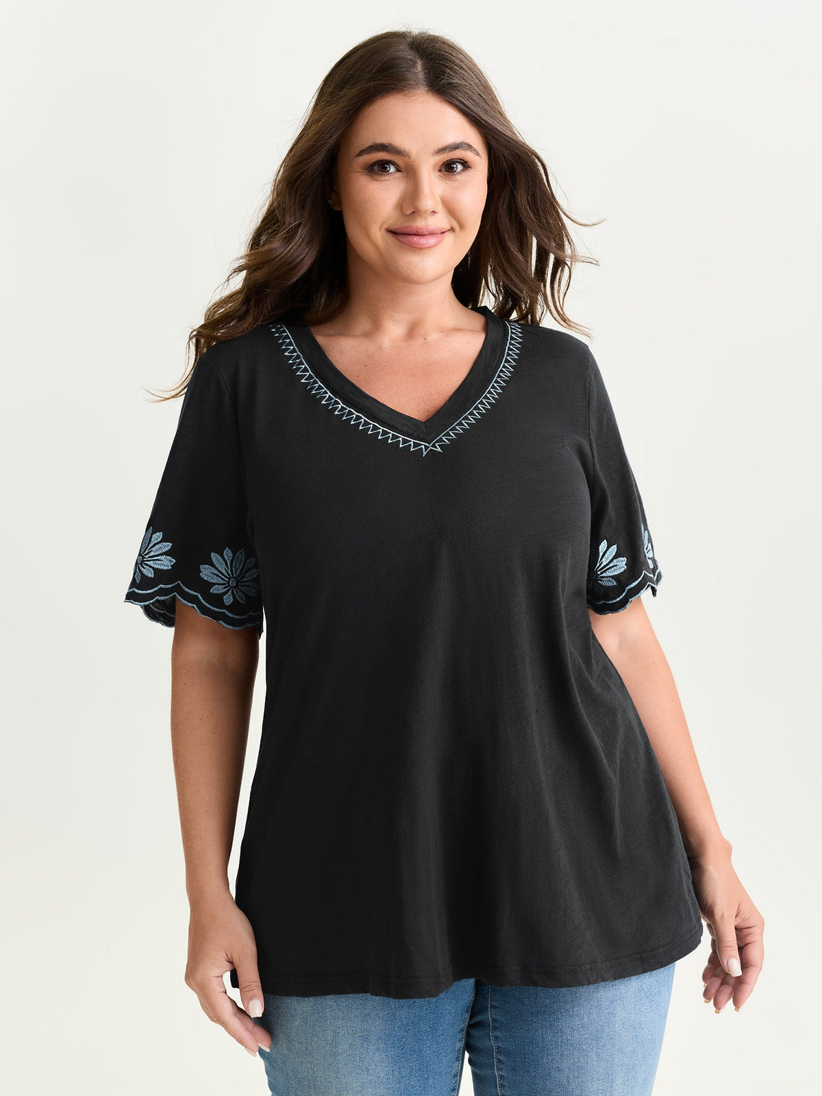 Cotton Stretchy V-Neck Floral Print T-Shirt
