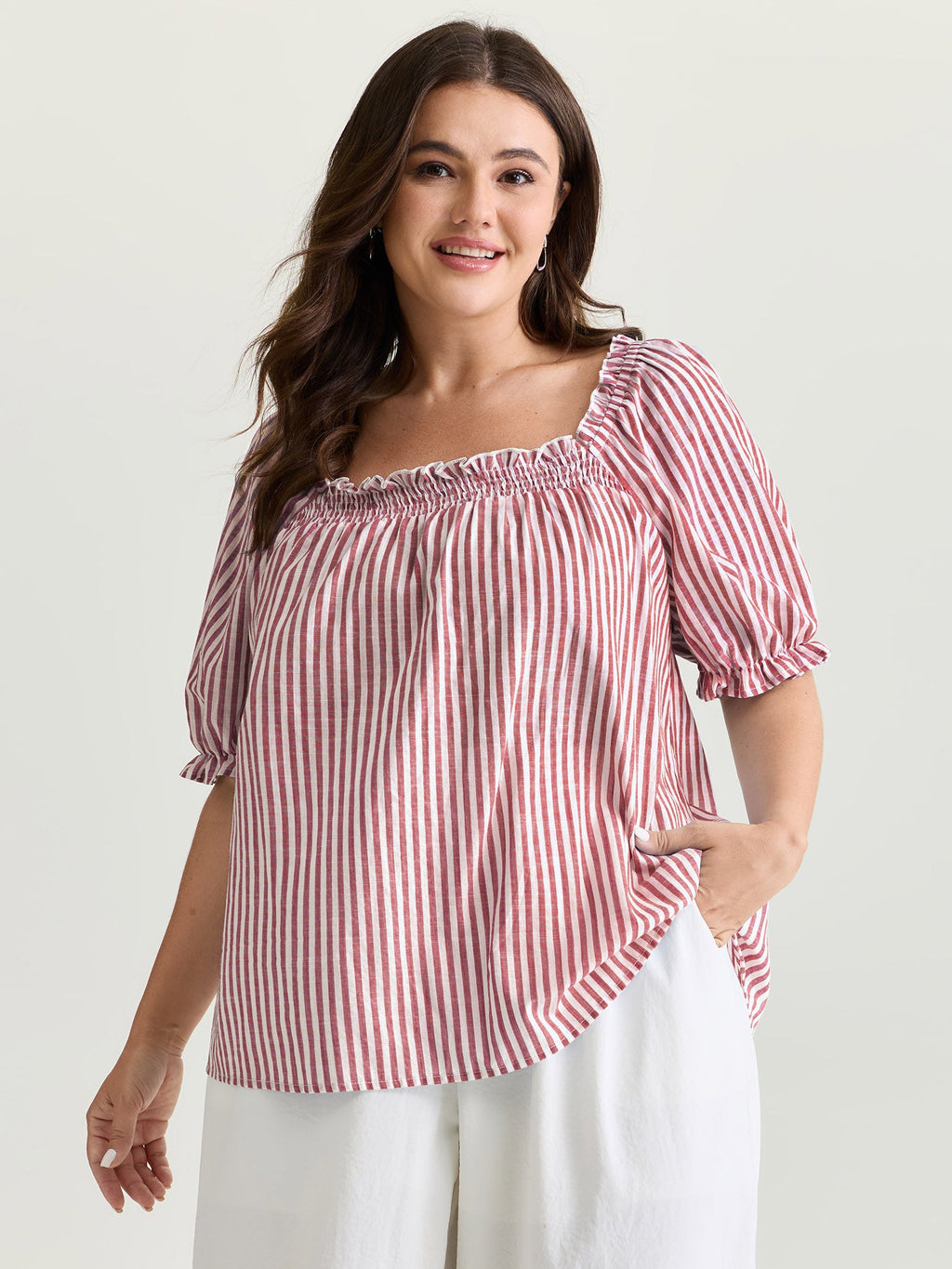 Cotton Striped Shirred Bust-Friendly Neckline Blouse