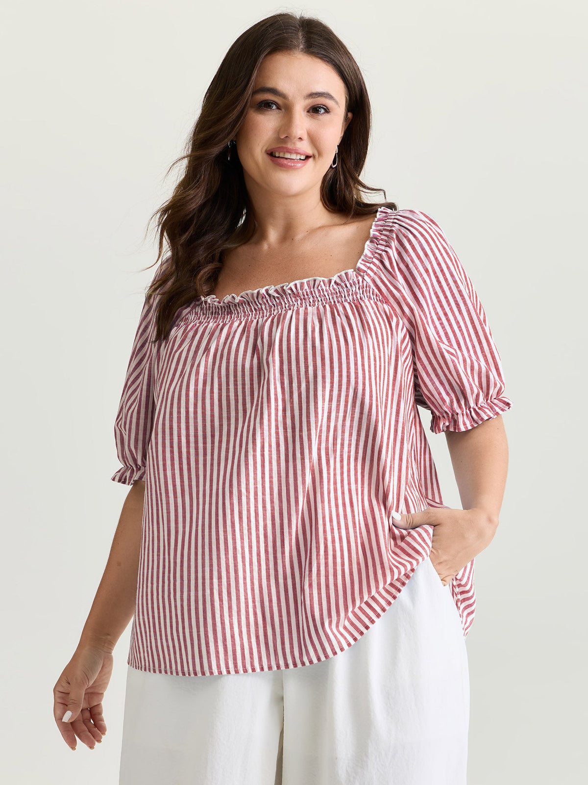 Cotton Striped Shirred Bust-Friendly Neckline Blouse