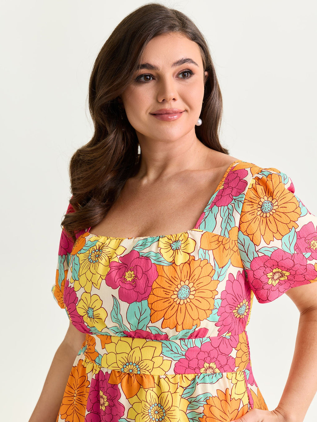 Bright Floral Print Shirred Midi Dress