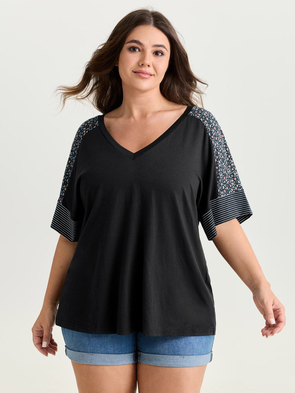 Supersoft Color Contrast Sleeve V-Neck T-Shirt