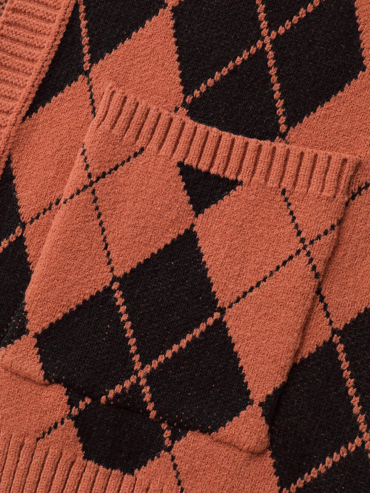 Checkered Jacquard Hooded Pockets Knit Cardigan