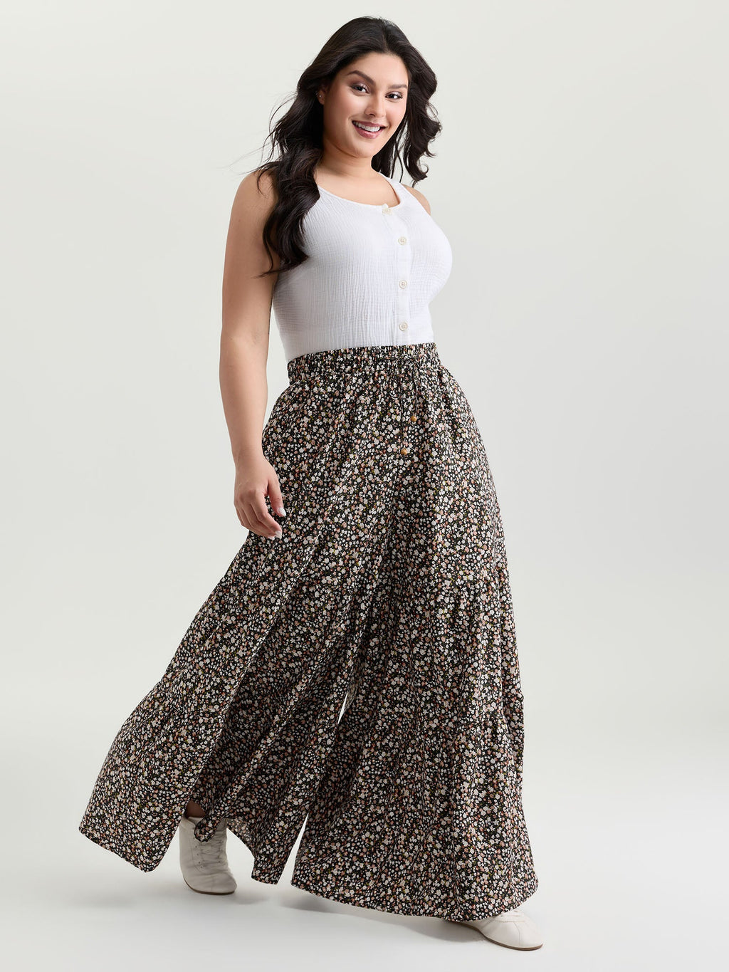 Micro Floral Print Wide Waistband Pants