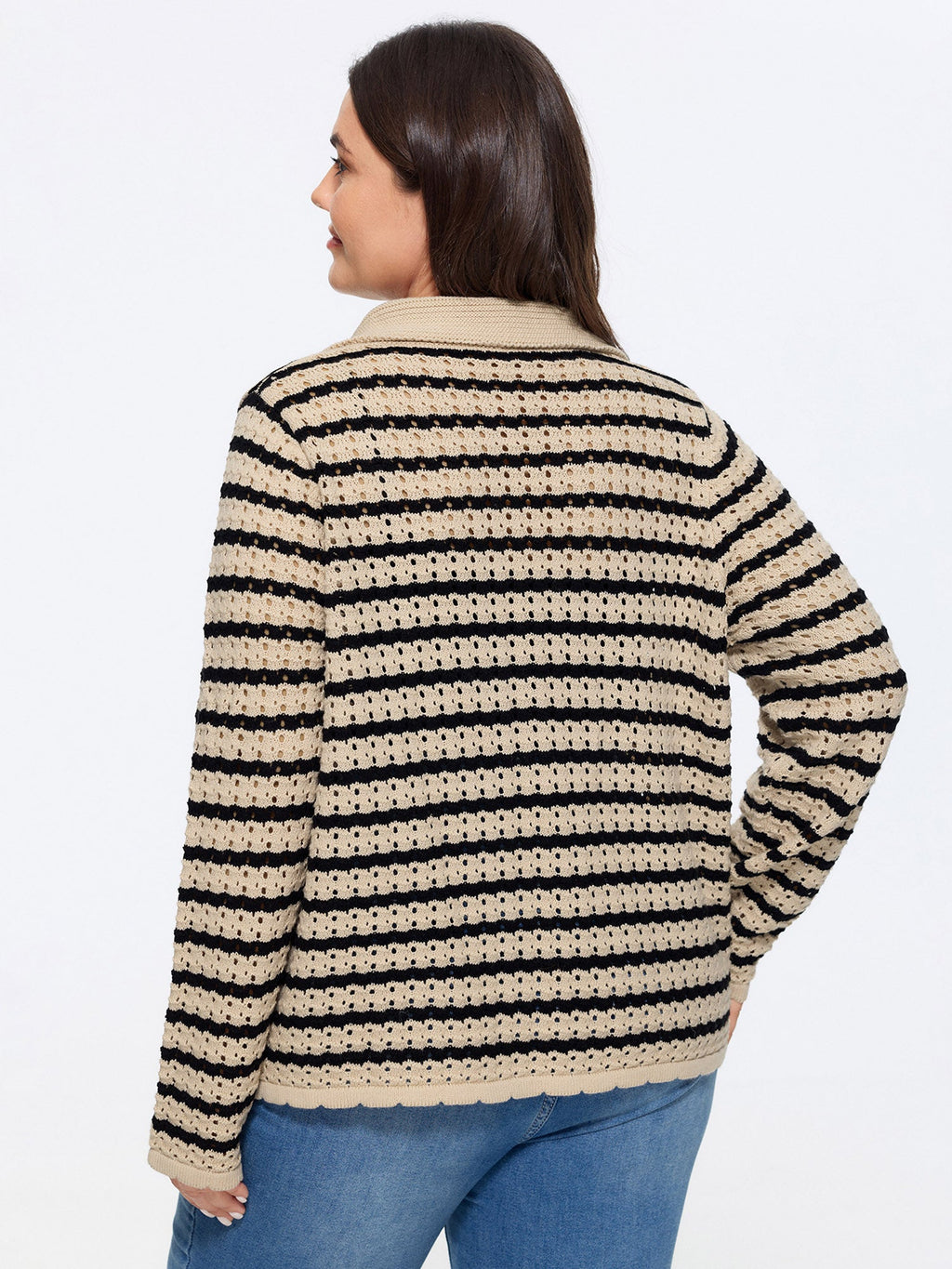 Striped Hollow Collared Button Front Cardigan