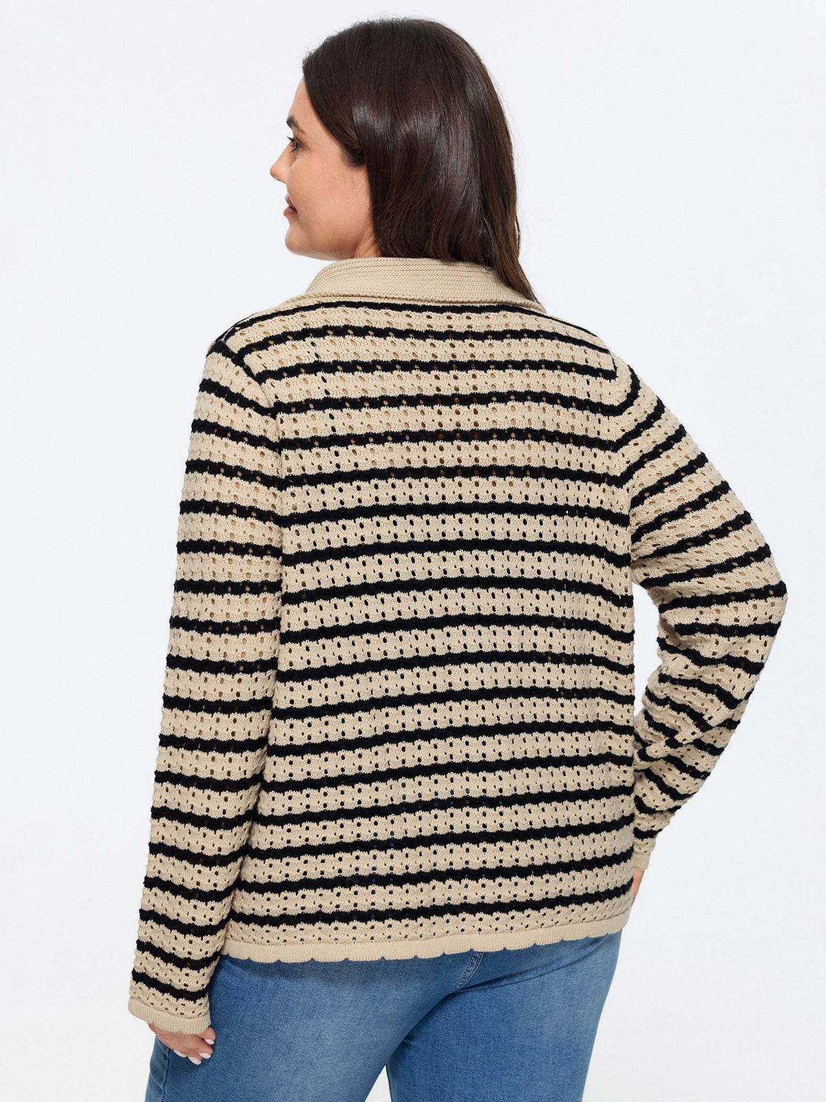 Striped Hollow Collared Button Front Cardigan