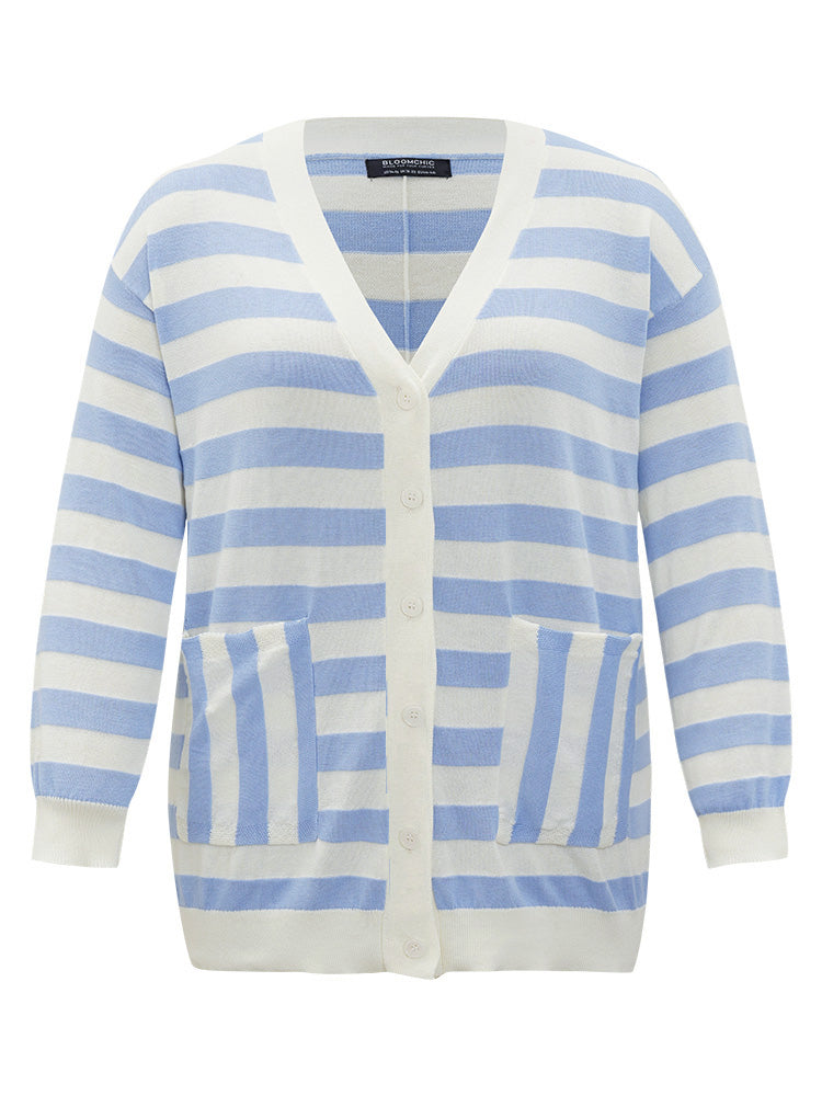 Striped Button Down Patched Pocket Cardigan