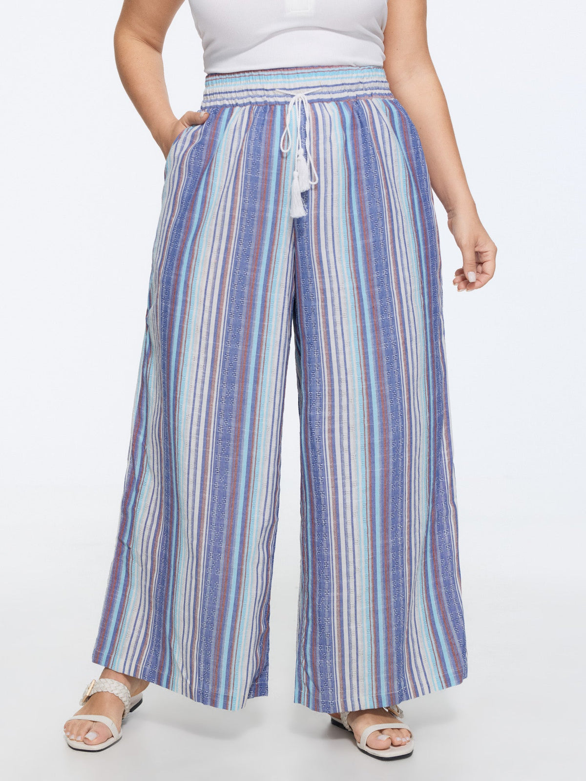 Cotton Striped Drawstring Wide Leg Pants
