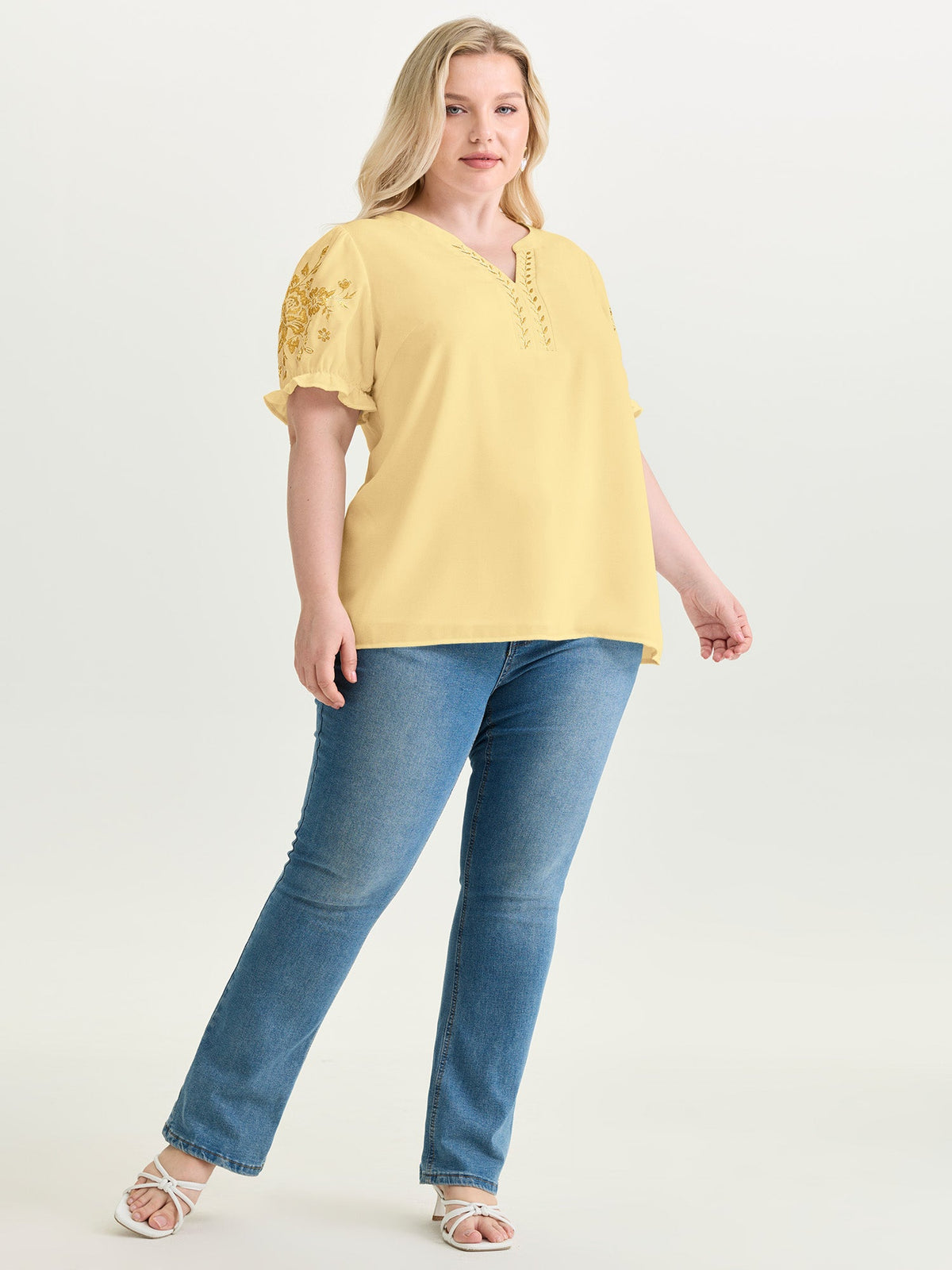 Notched Collar Embroidered Ruffled Blouse