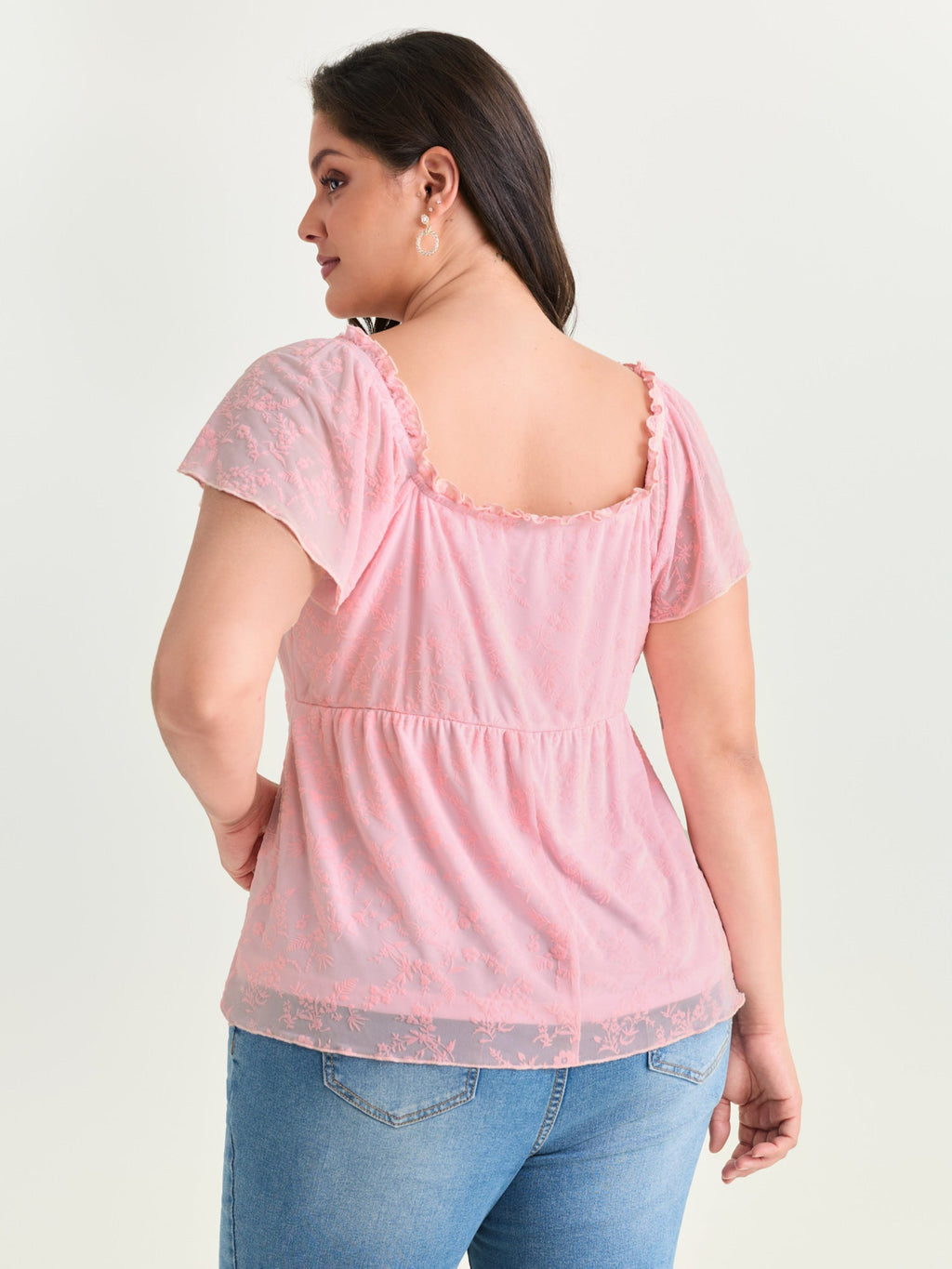 Flocked Floral Drawstring Neckline Knit Top