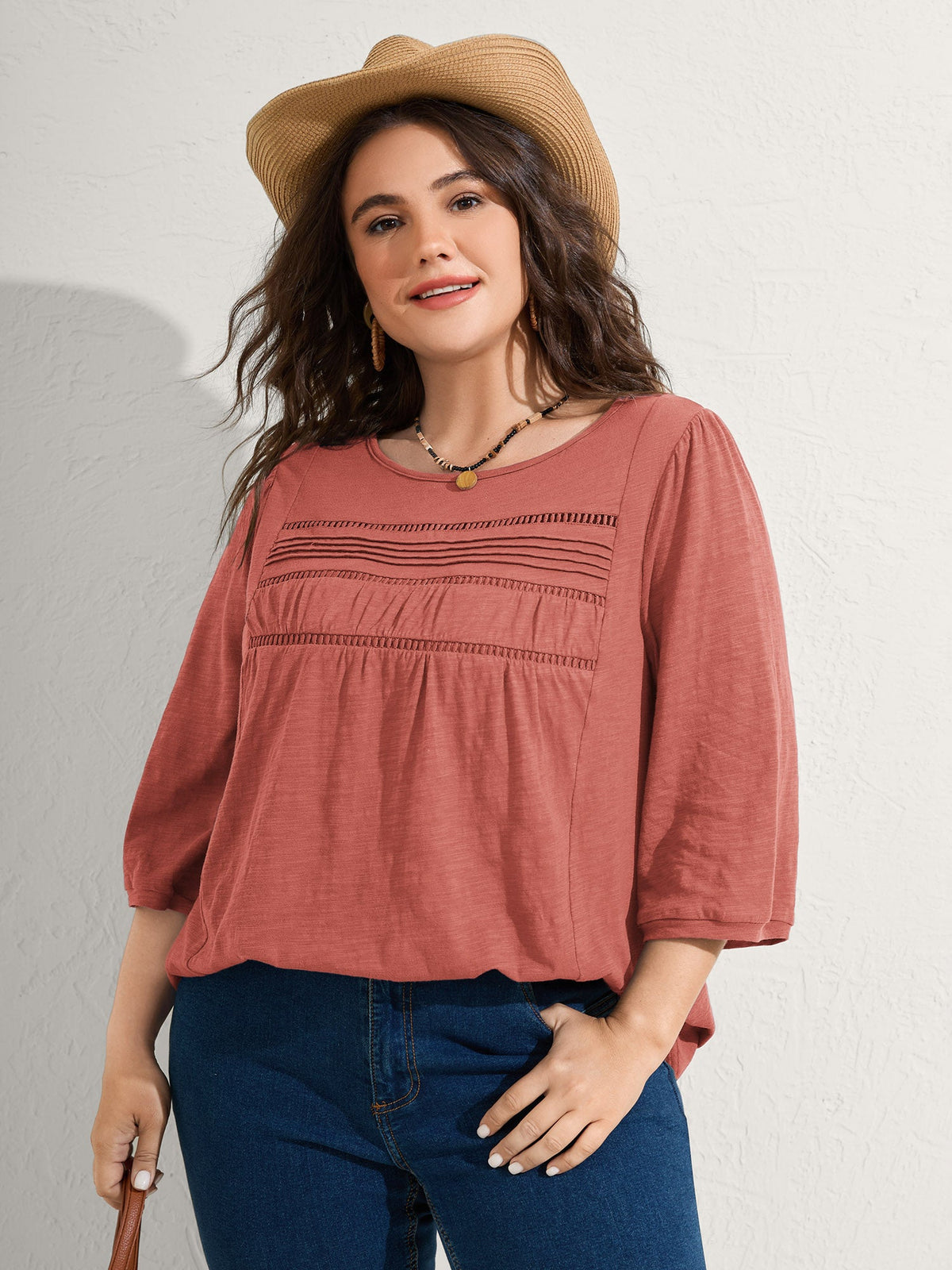 Cotton Lace Spliced Plain Knit Top