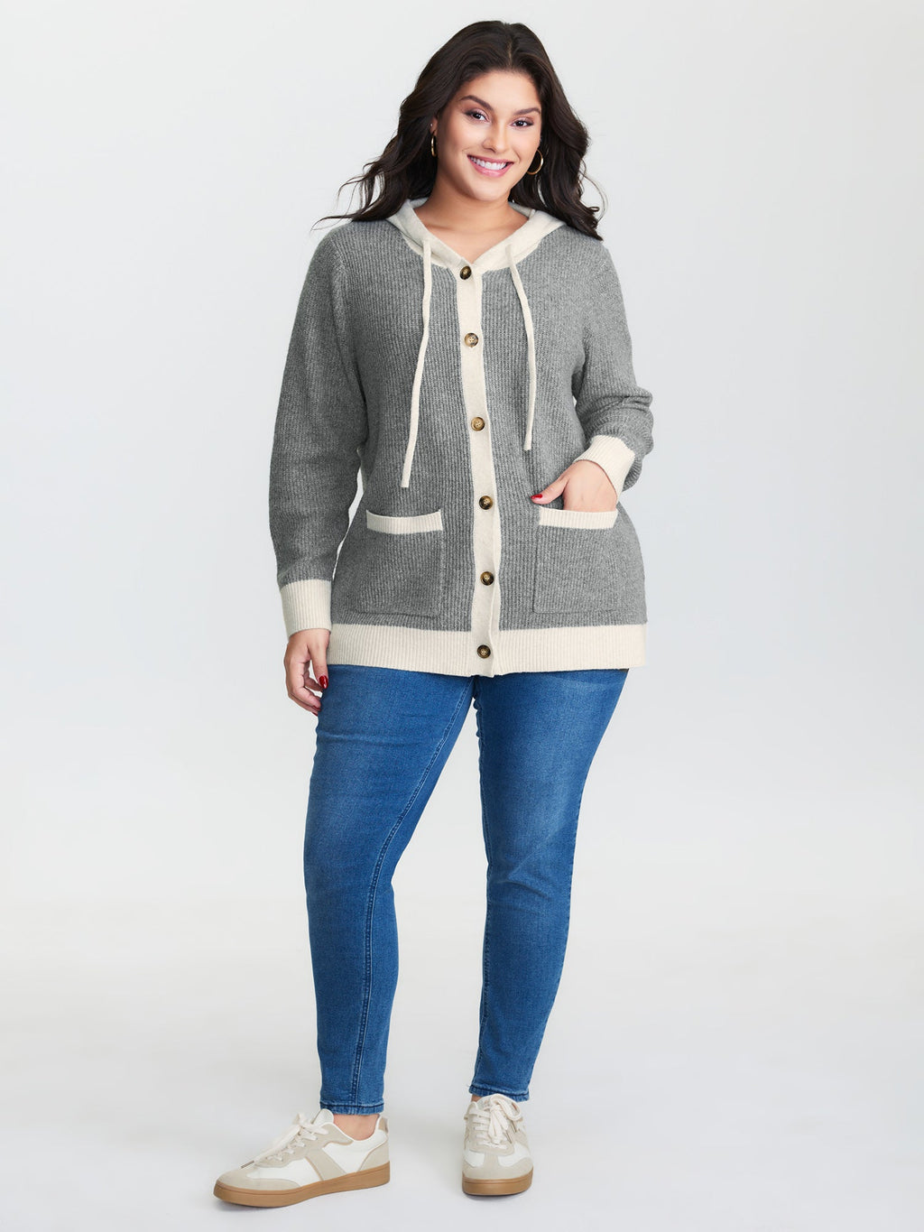 Hooded Colorblock Pockets Button Knit Cardigan