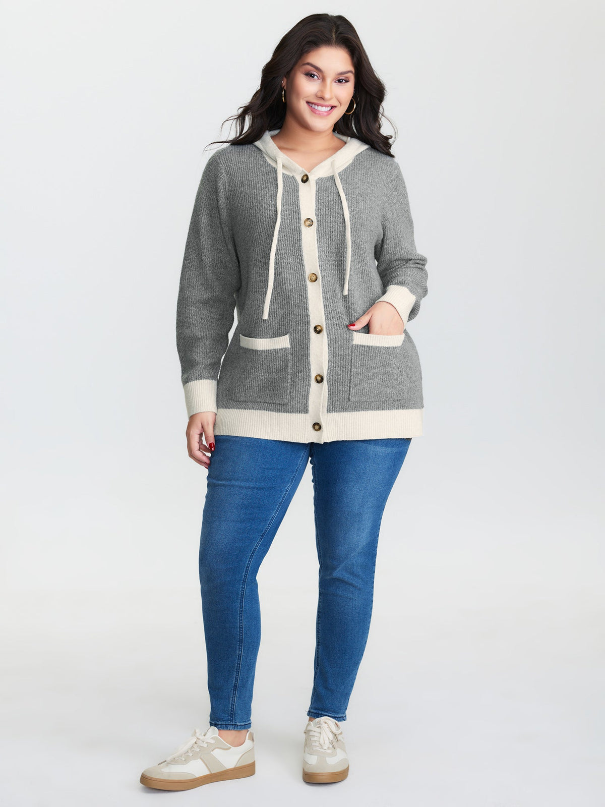 Hooded Colorblock Pockets Button Knit Cardigan
