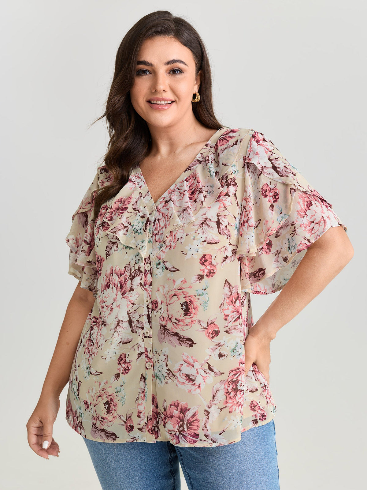 Floral Print Ruffled Edges Blouse