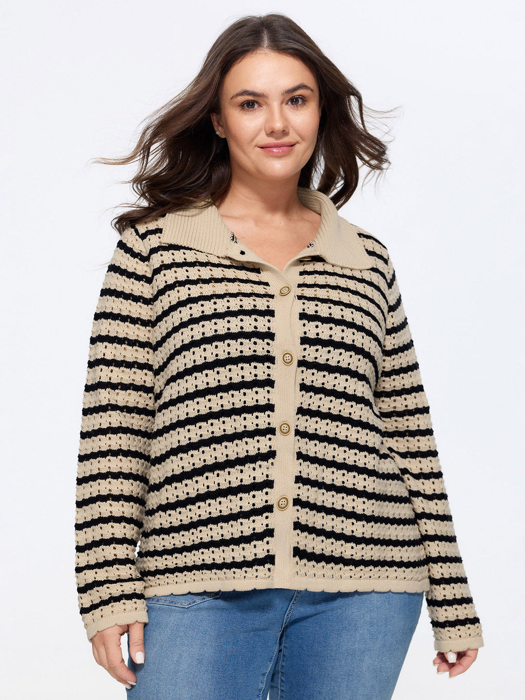 Striped Hollow Collared Button Front Cardigan