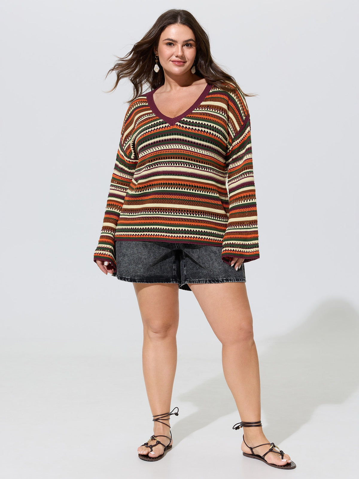 Multi-Color Stripe Hollow V-Neck Pullover