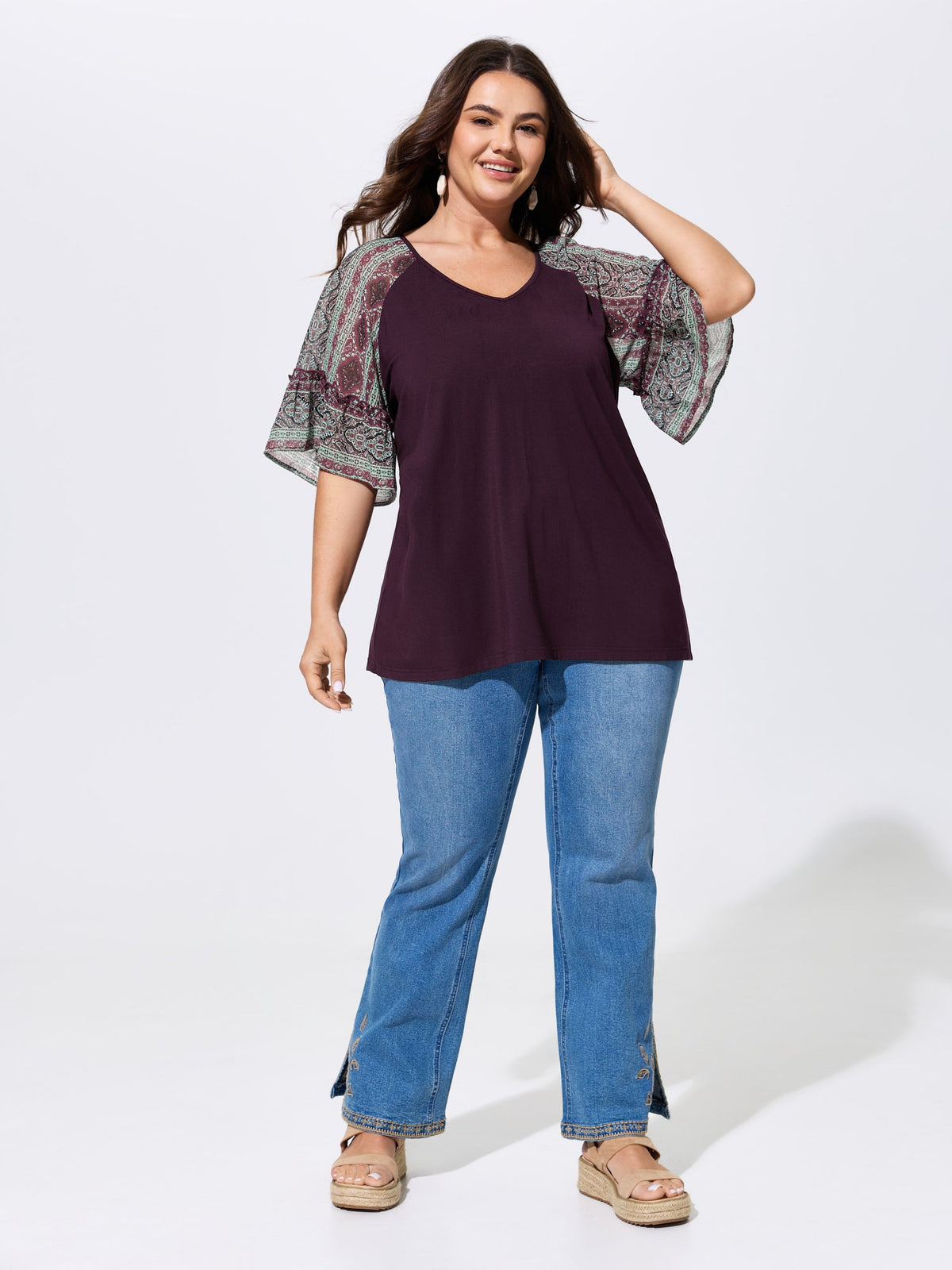 Boho Print Patchwork Raglan Sleeve T-shirt