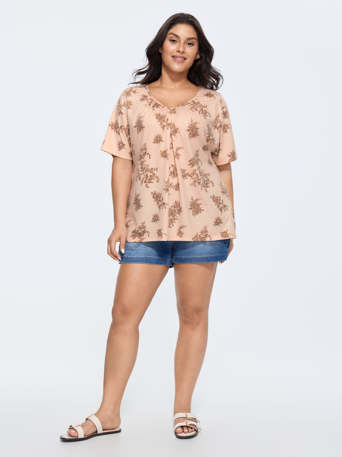 Pleated Plain Half-Sleeve Knit Top