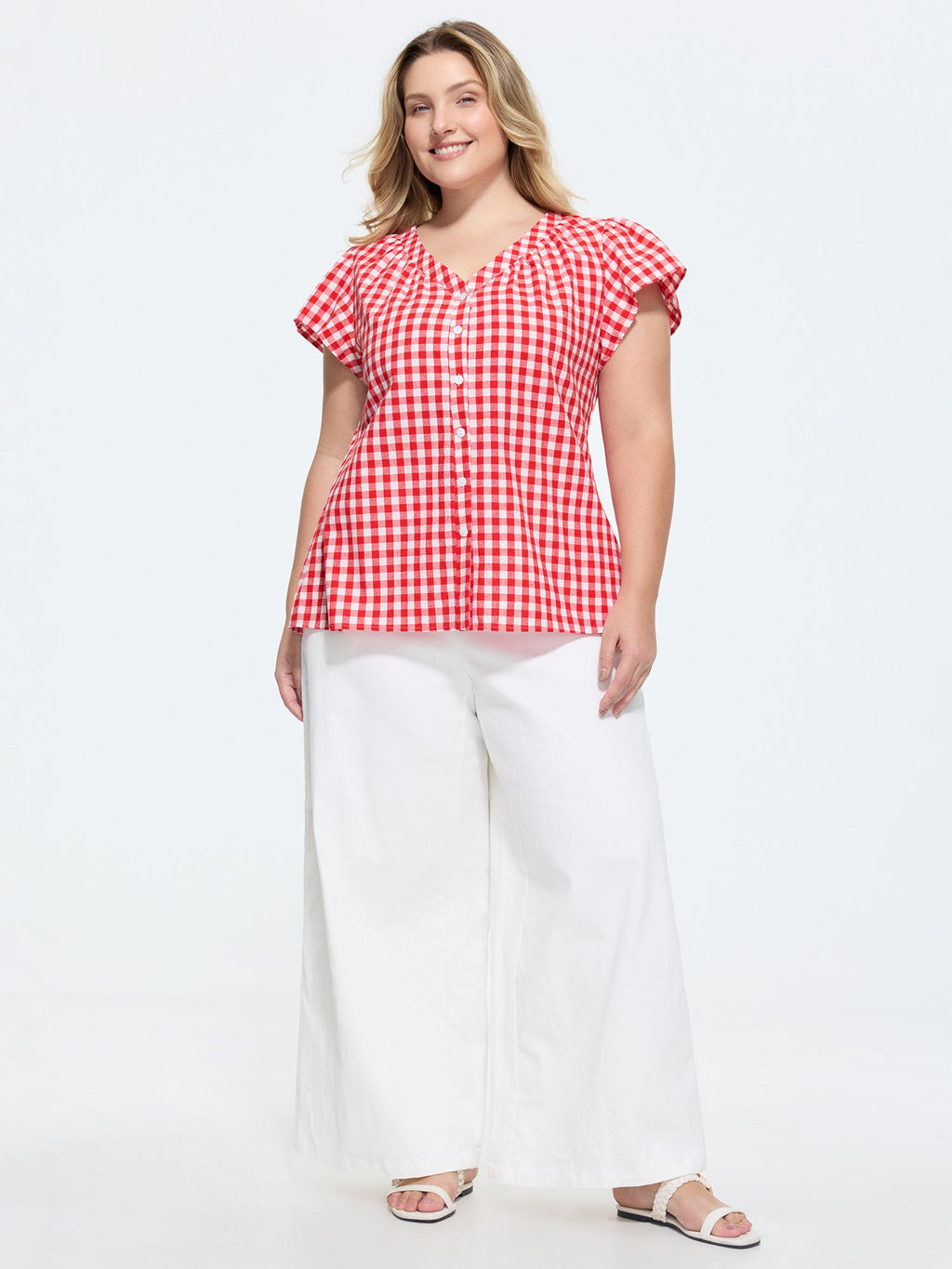 Cotton Gingham Print Ruffled Sleeve Blouse
