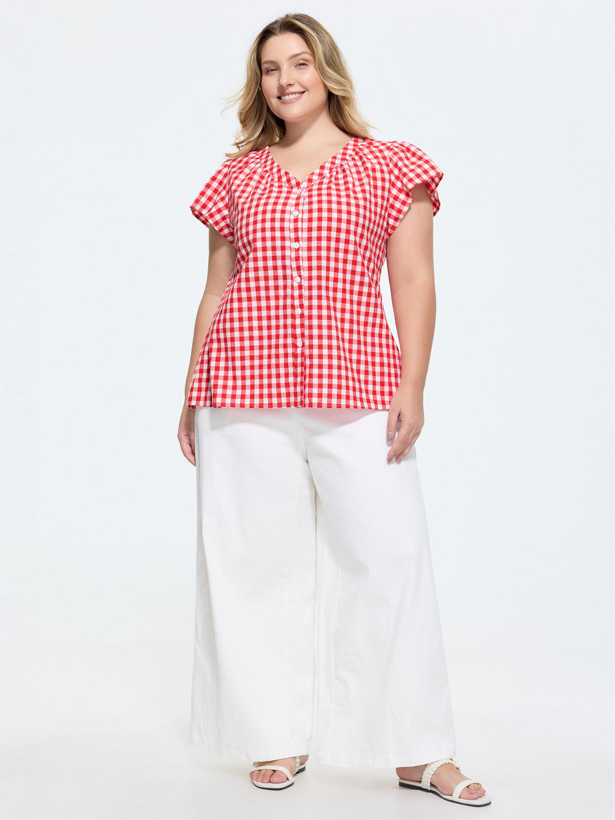 Cotton Gingham Print Ruffled Sleeve Blouse