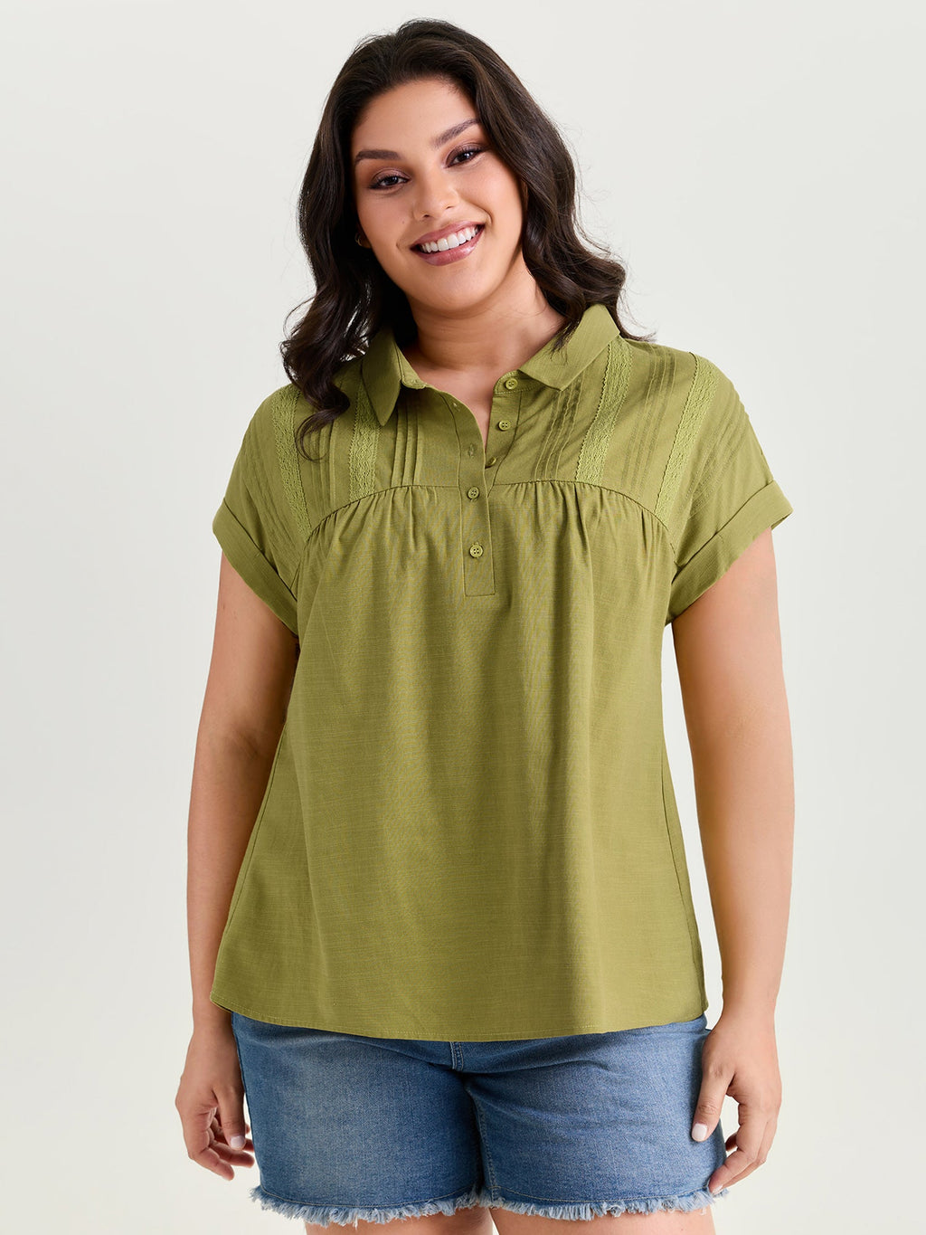 Collared Plain Pleated Half-Placket Blouse