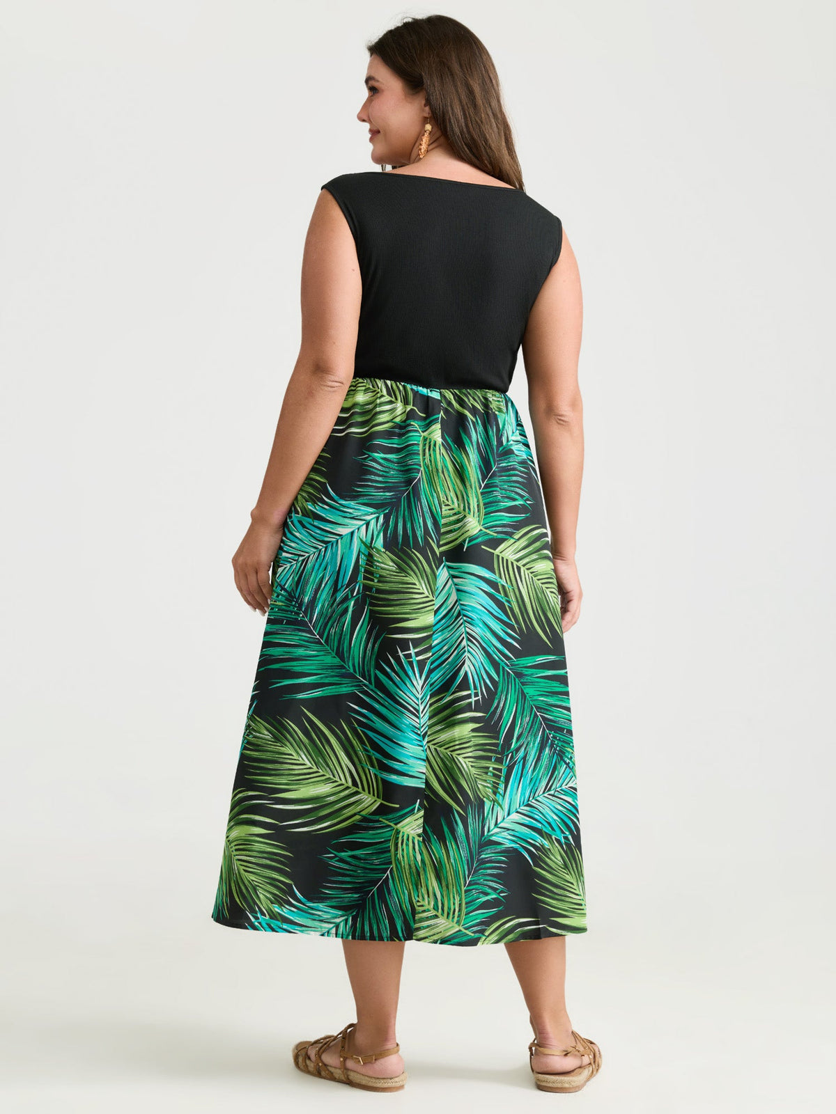 Tropical Palm Print A-Line Midi Dress