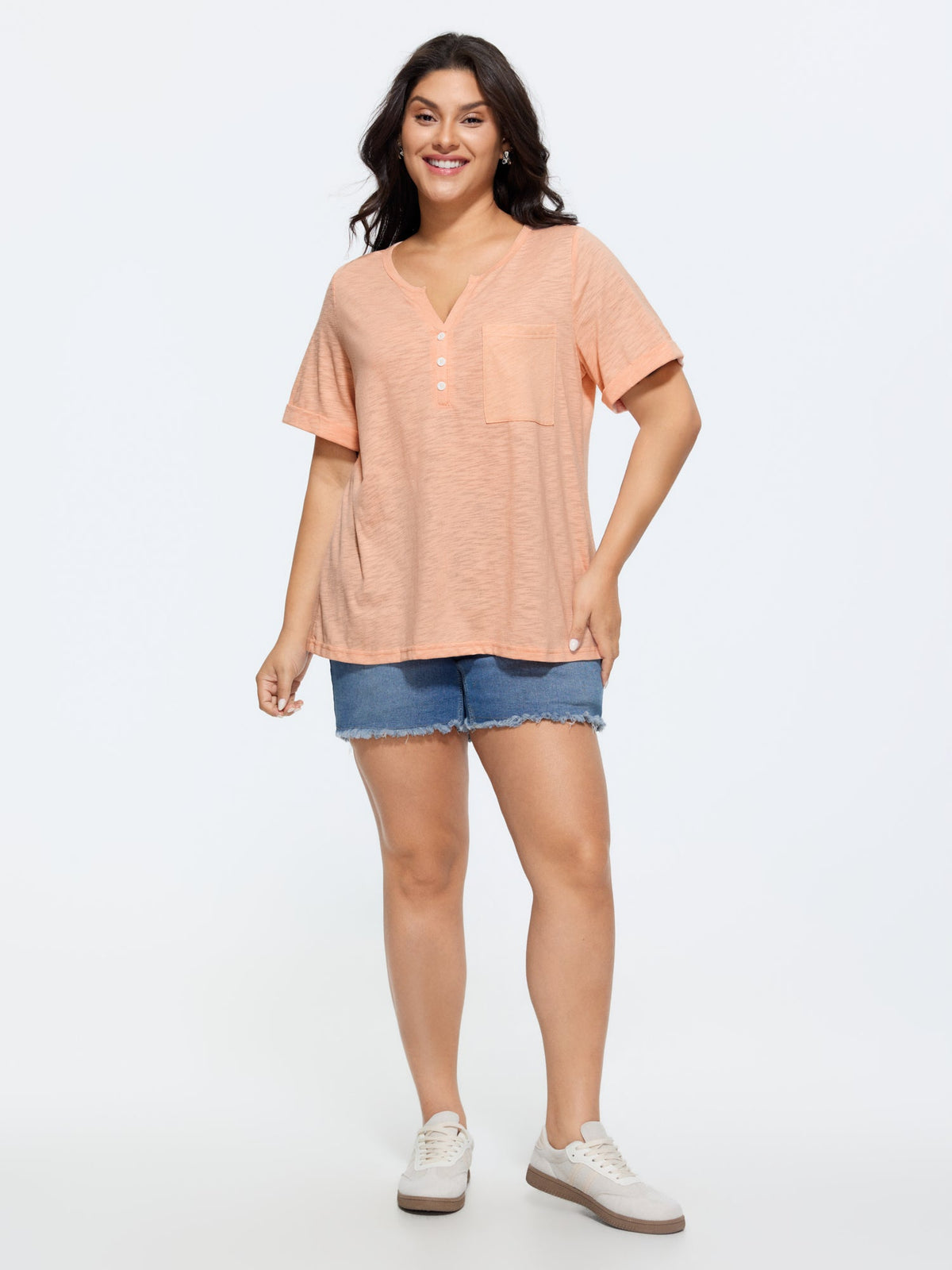 Solid Split Neck Button Detail T-Shirt