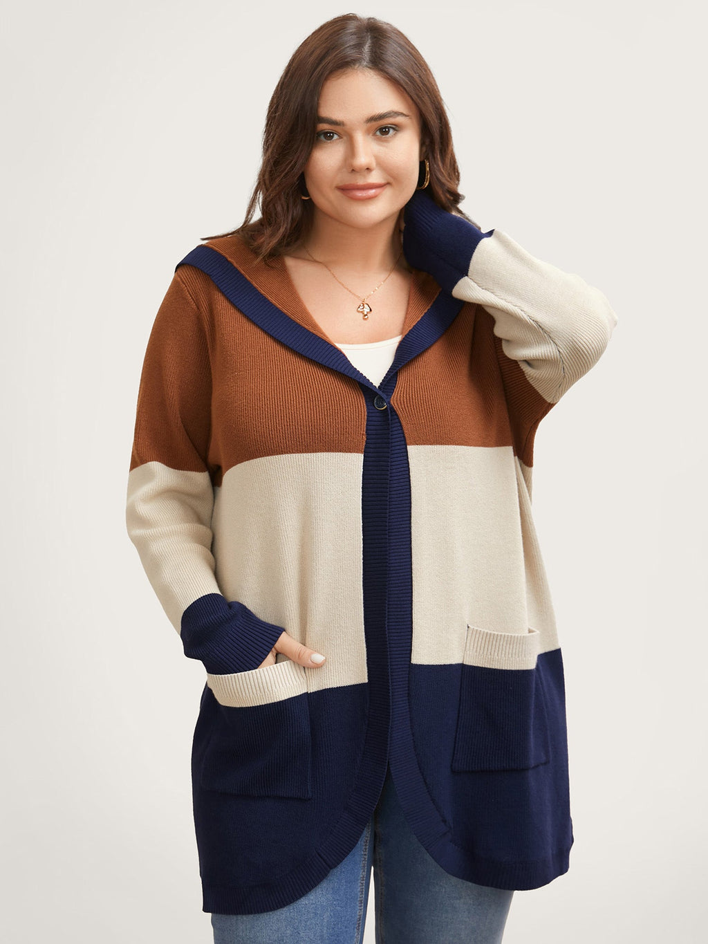 Colorblock Contrast Patched Pocket Hooded Cardigan