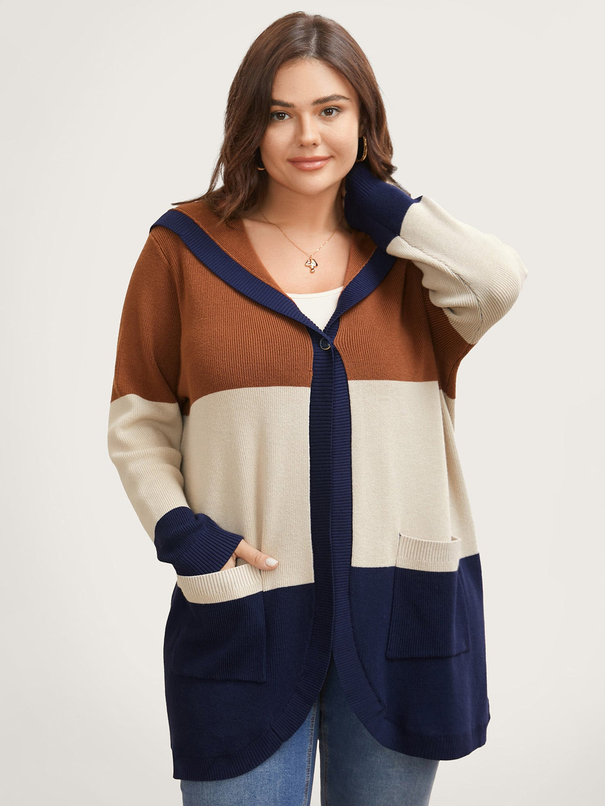 Colorblock Contrast Patched Pocket Hooded Cardigan