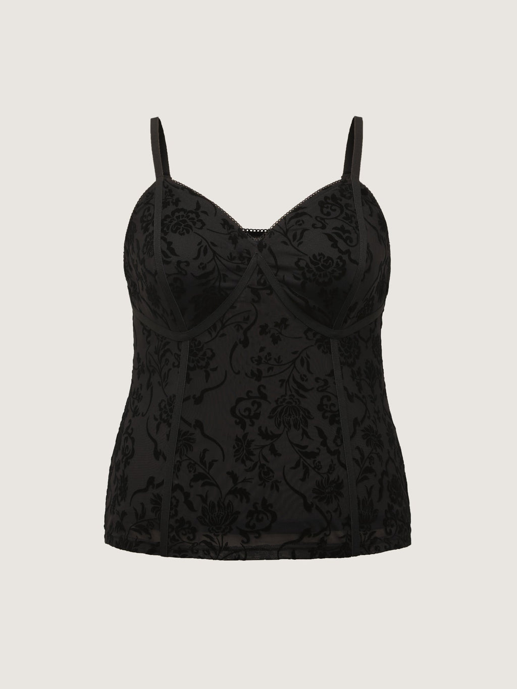 Flocked Floral Stretchy Mesh Lace Tank Top