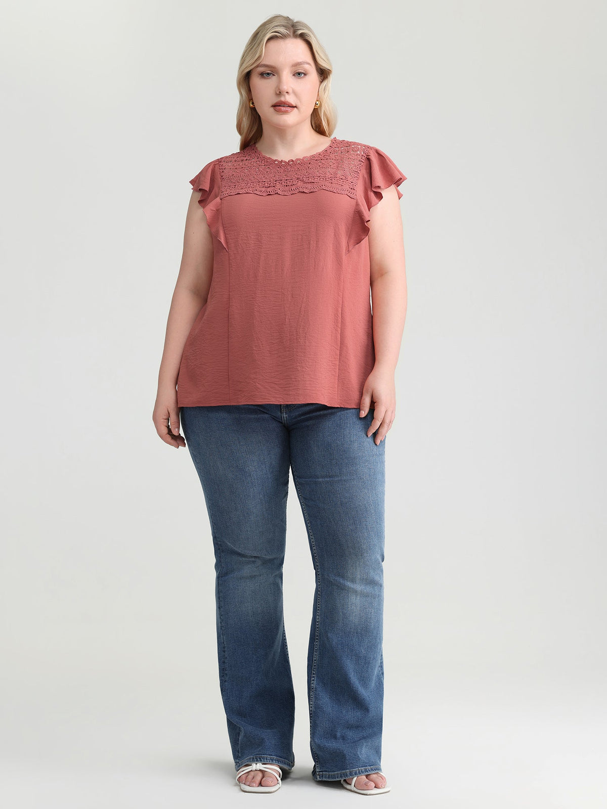 Ruffled Sleeve Pleated Front Lace Blouse