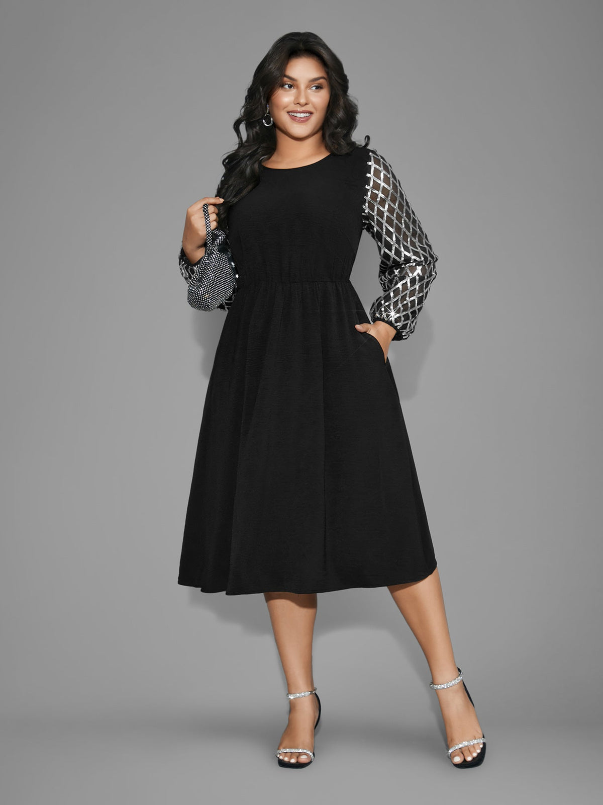Texture Sequin Mesh Patchwork Midi Dress