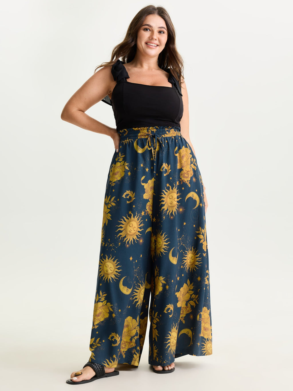 Star Moon Print Wide Waistband Pants