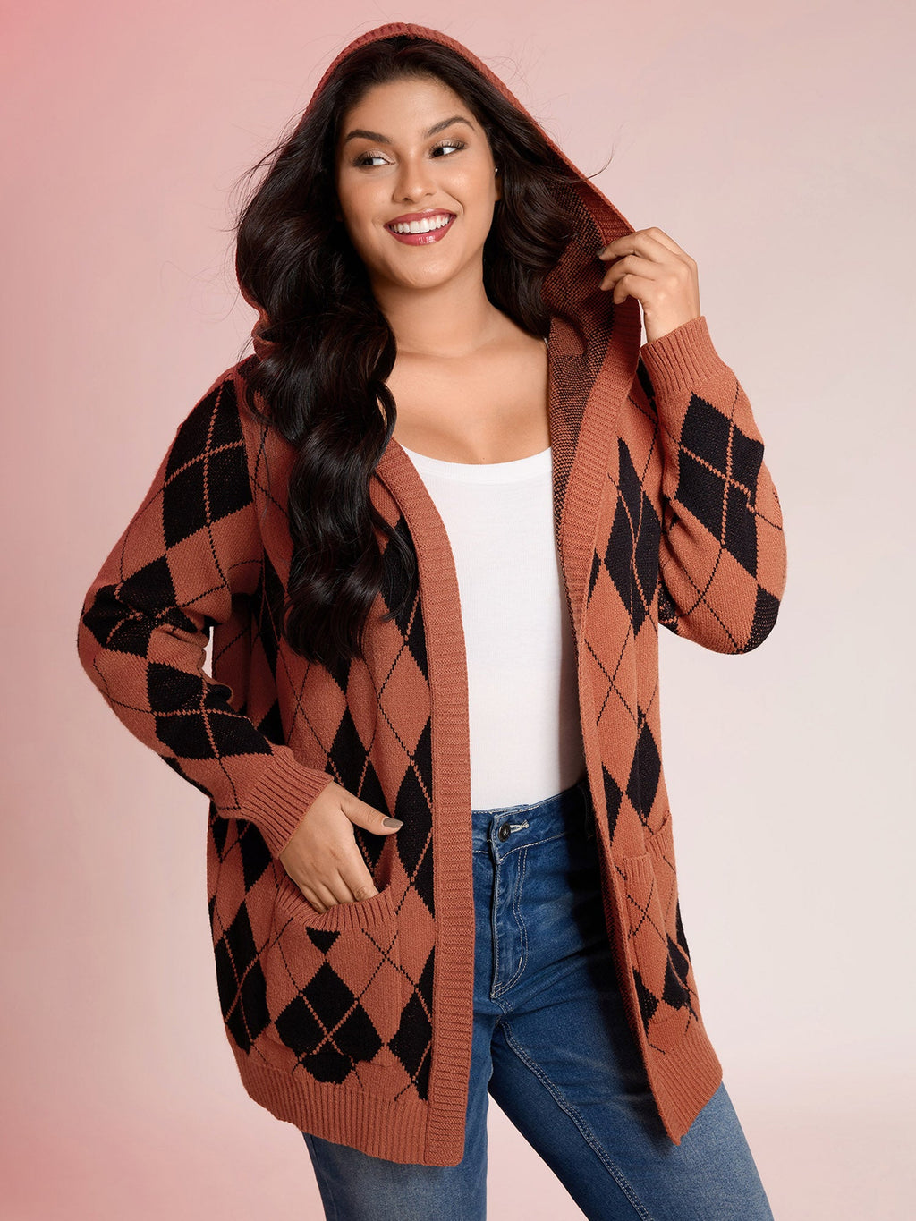 Checkered Jacquard Hooded Pockets Knit Cardigan
