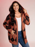 Checkered Jacquard Hooded Pockets Knit Cardigan