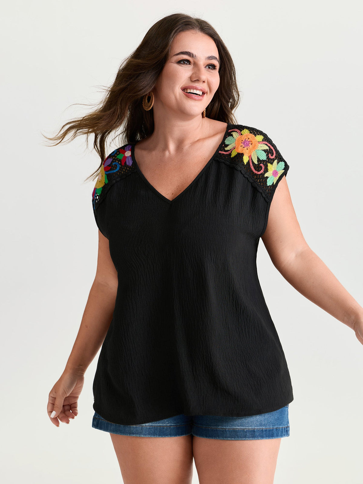 Colorful Openwork Crochet V-Neck Blouse