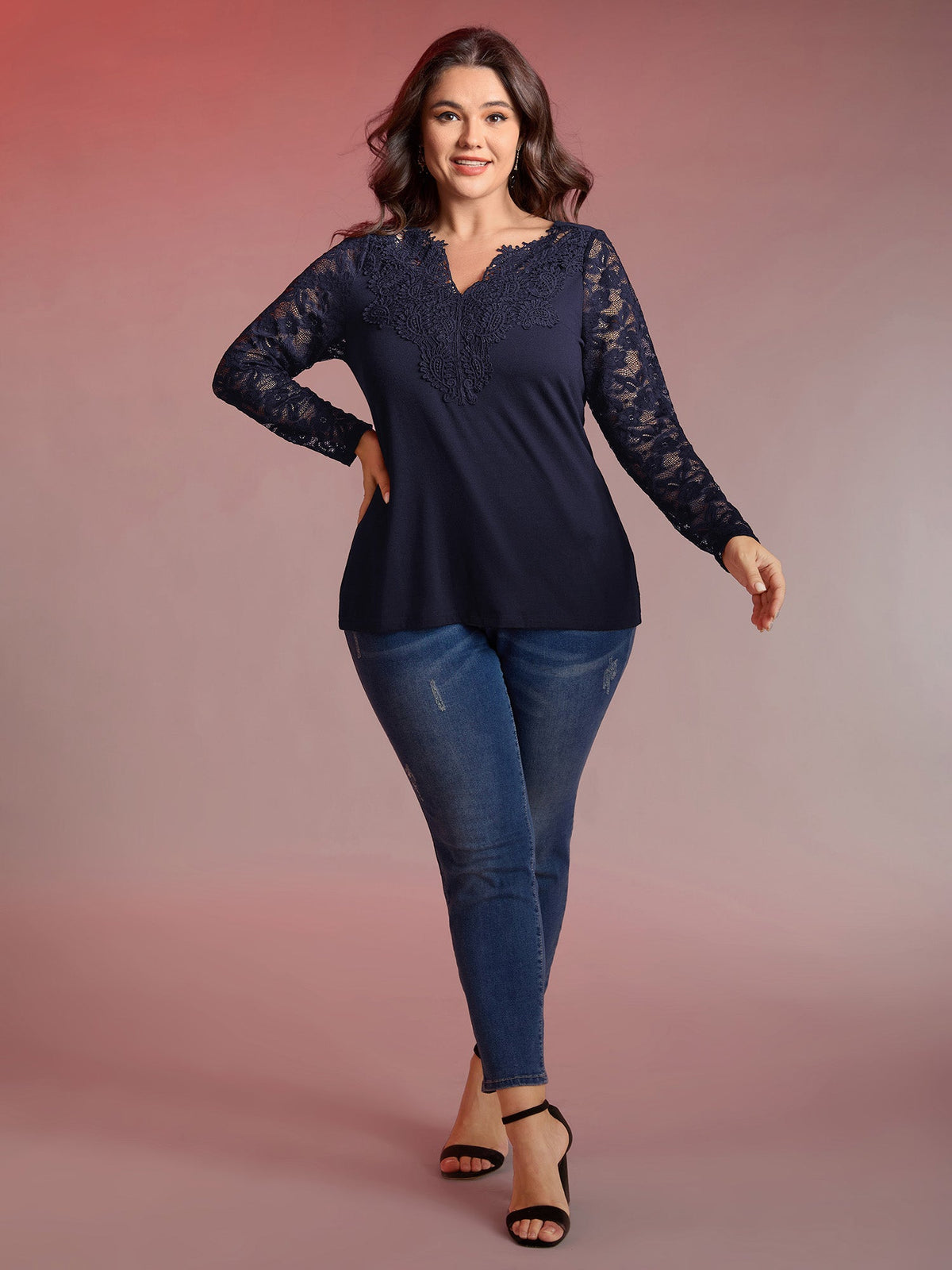 Sheer Lace Fitted Solid T-Shirt