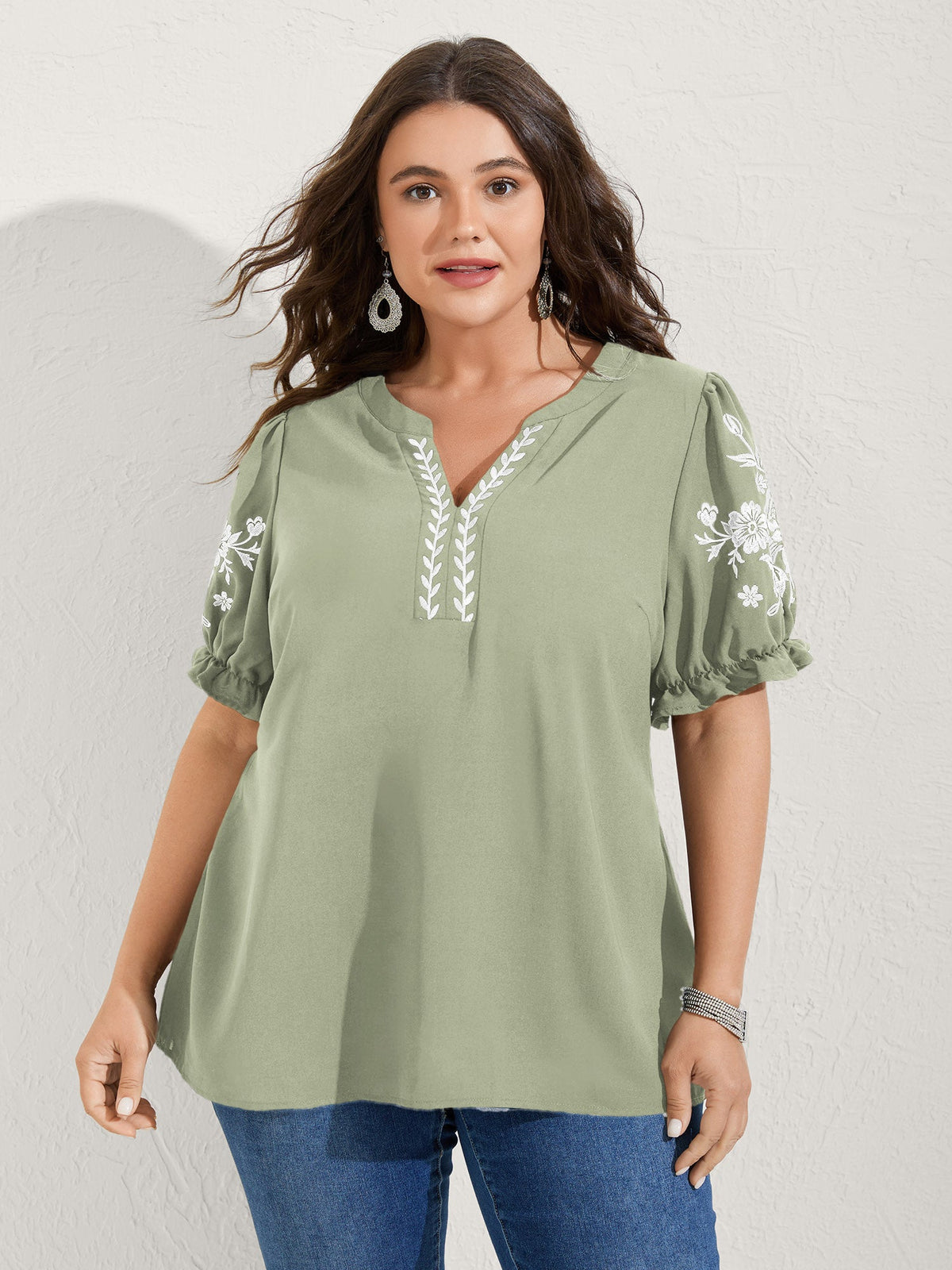 Notched Collar Embroidered Ruffled Blouse
